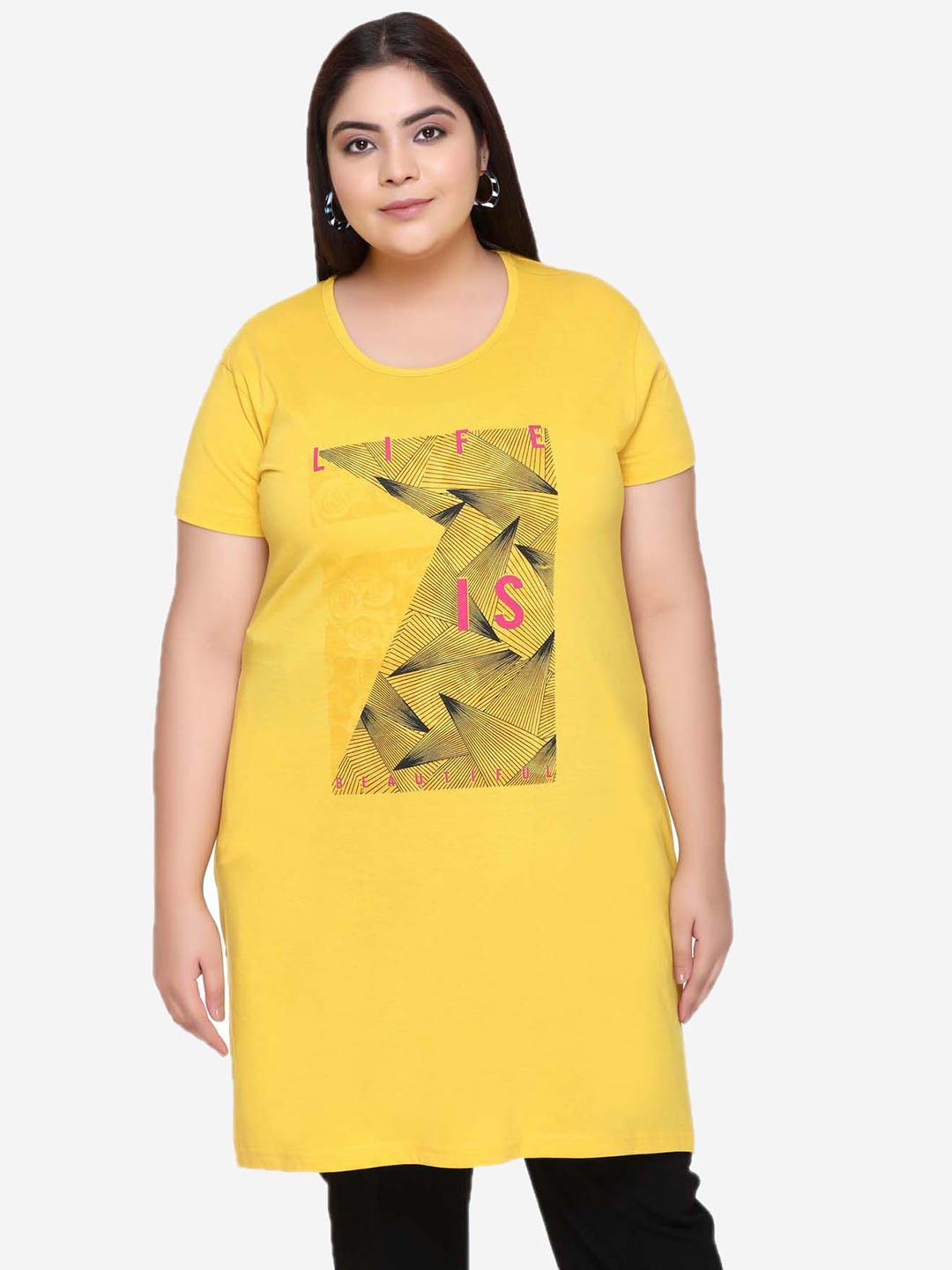 

IN Love Printed Cotton Longline Lounge T-Shirt, Yellow