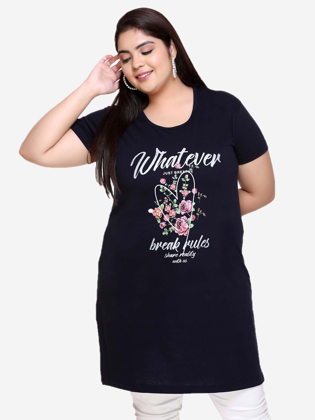 IN Love Typography Printed Longline Cotton Lounge T-Shirts, Blue