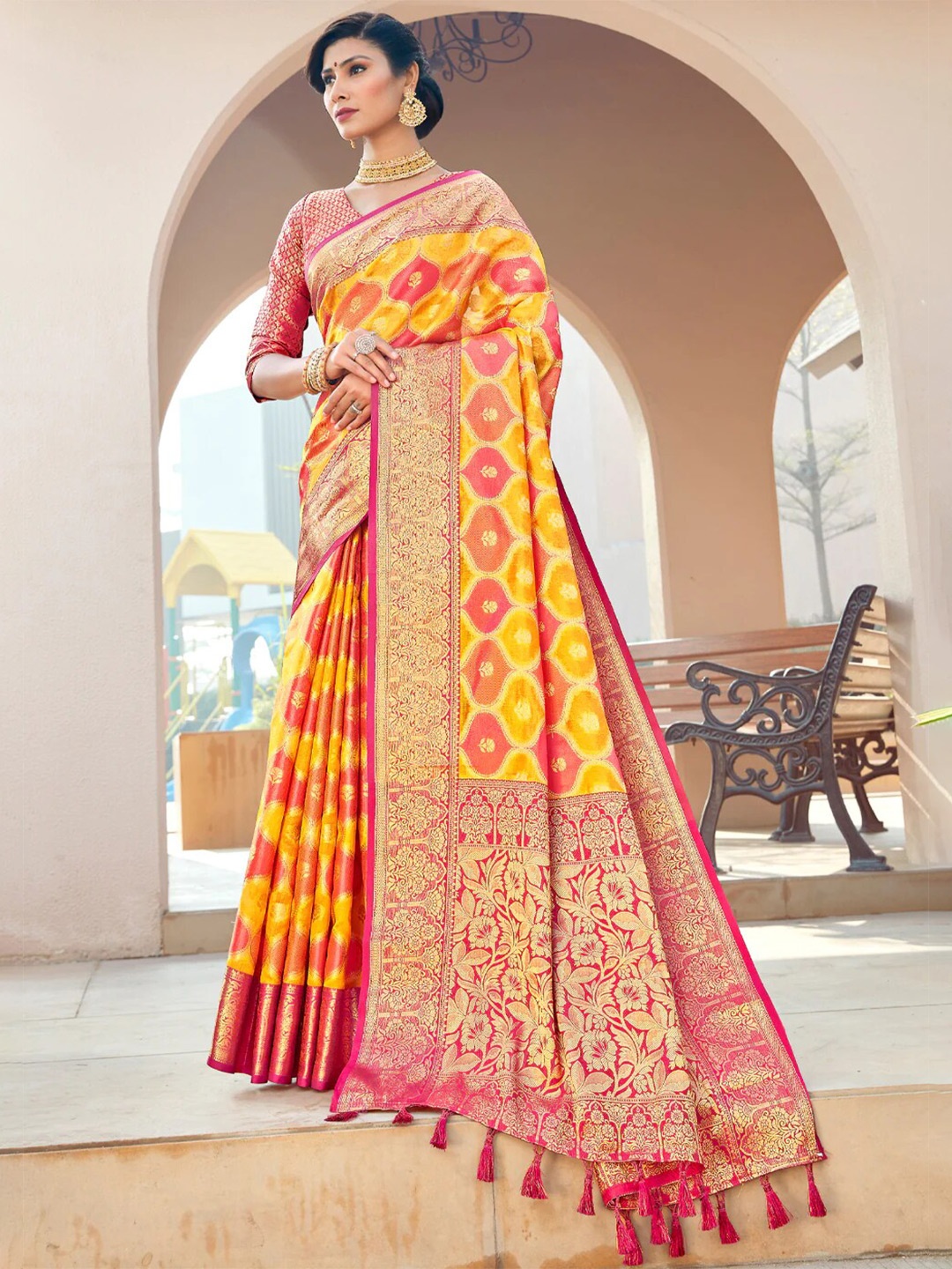 

Mitera Yellow & Red Woven Design Zari Silk Blend Saree