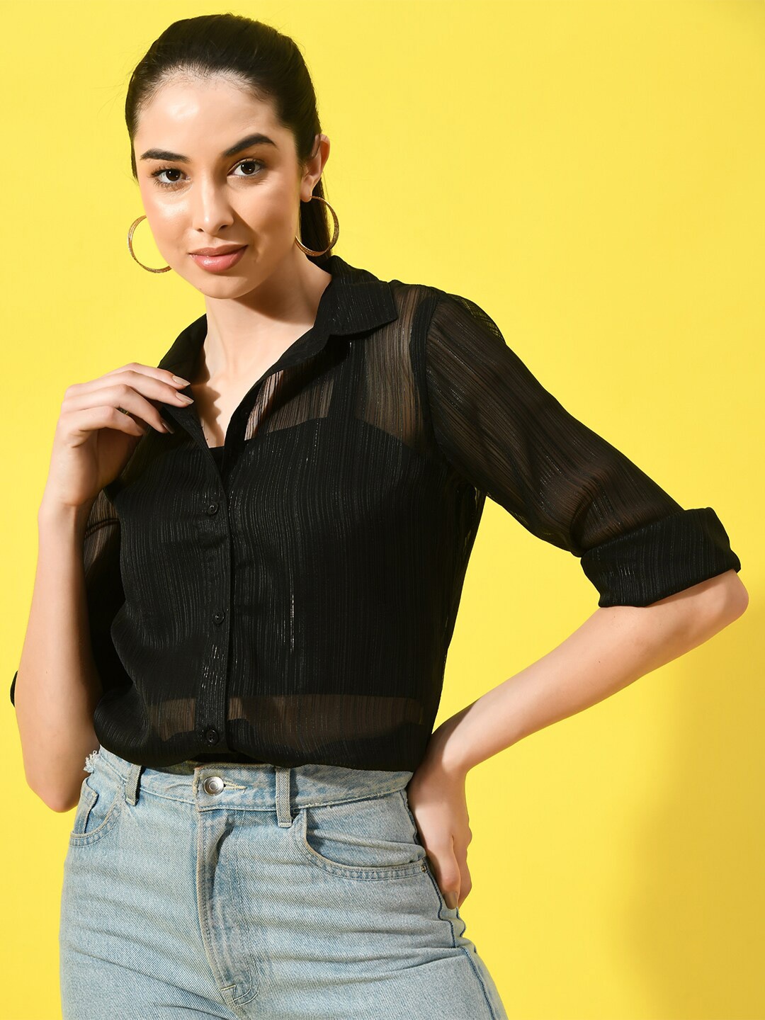 

CHARMGAL Women Classic Opaque Casual Shirt, Black