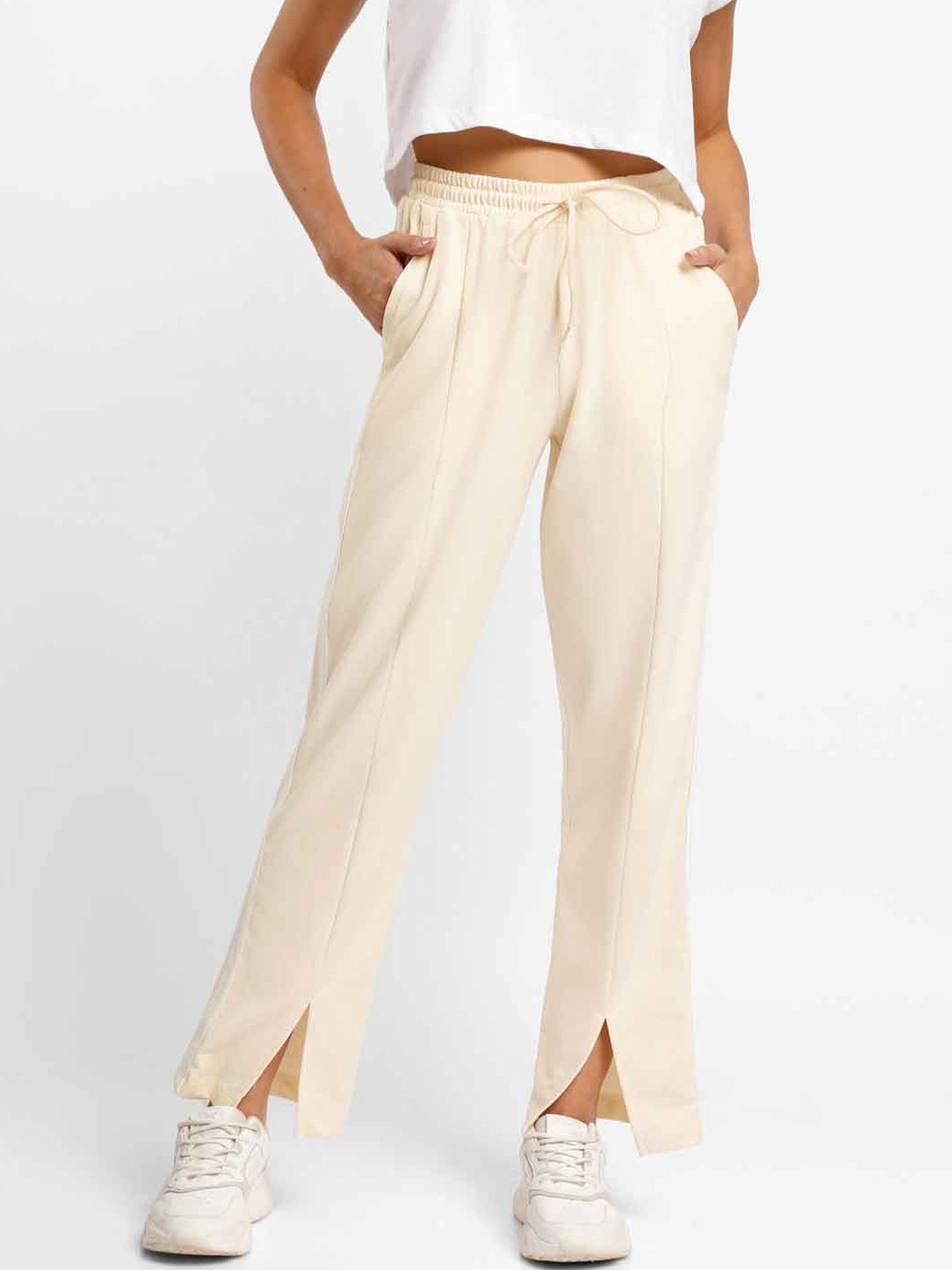 

NOBERO Women Straight Fit Cotton Trousers, Beige