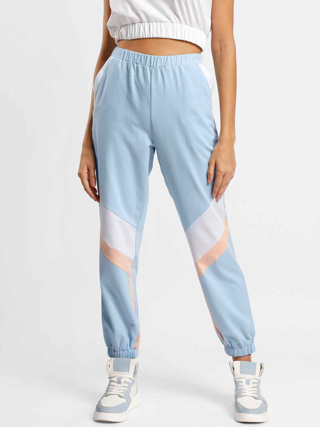 

NOBERO Women Striped Mid-Rise Joggers, Blue