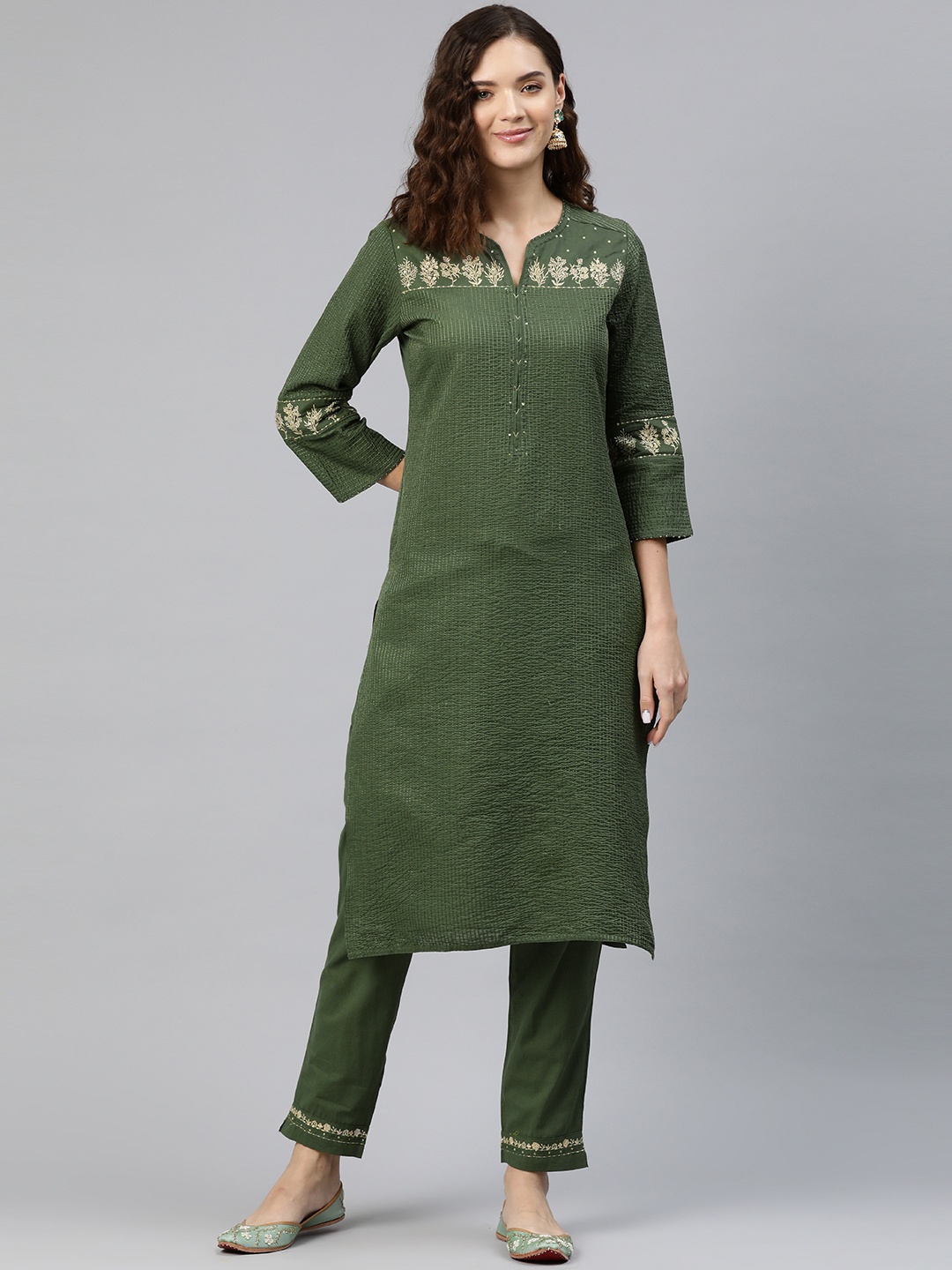 

Readiprint Fashions Floral Embroidered Thread Work Pure Cotton Kurta with Trousers, Olive