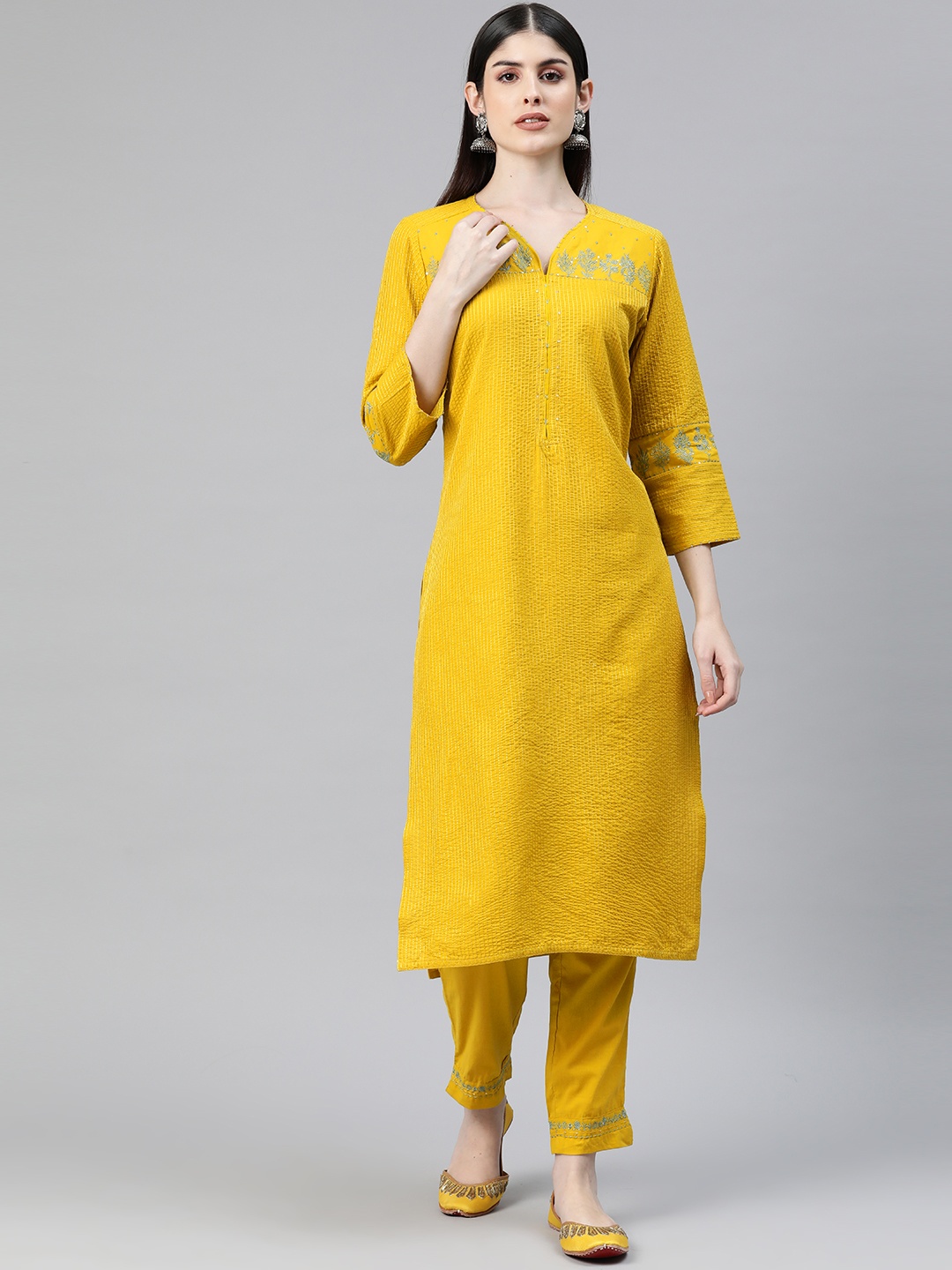 

Readiprint Floral Embroidered Thread Work Pure Cotton Kurta with Trousers, Mustard