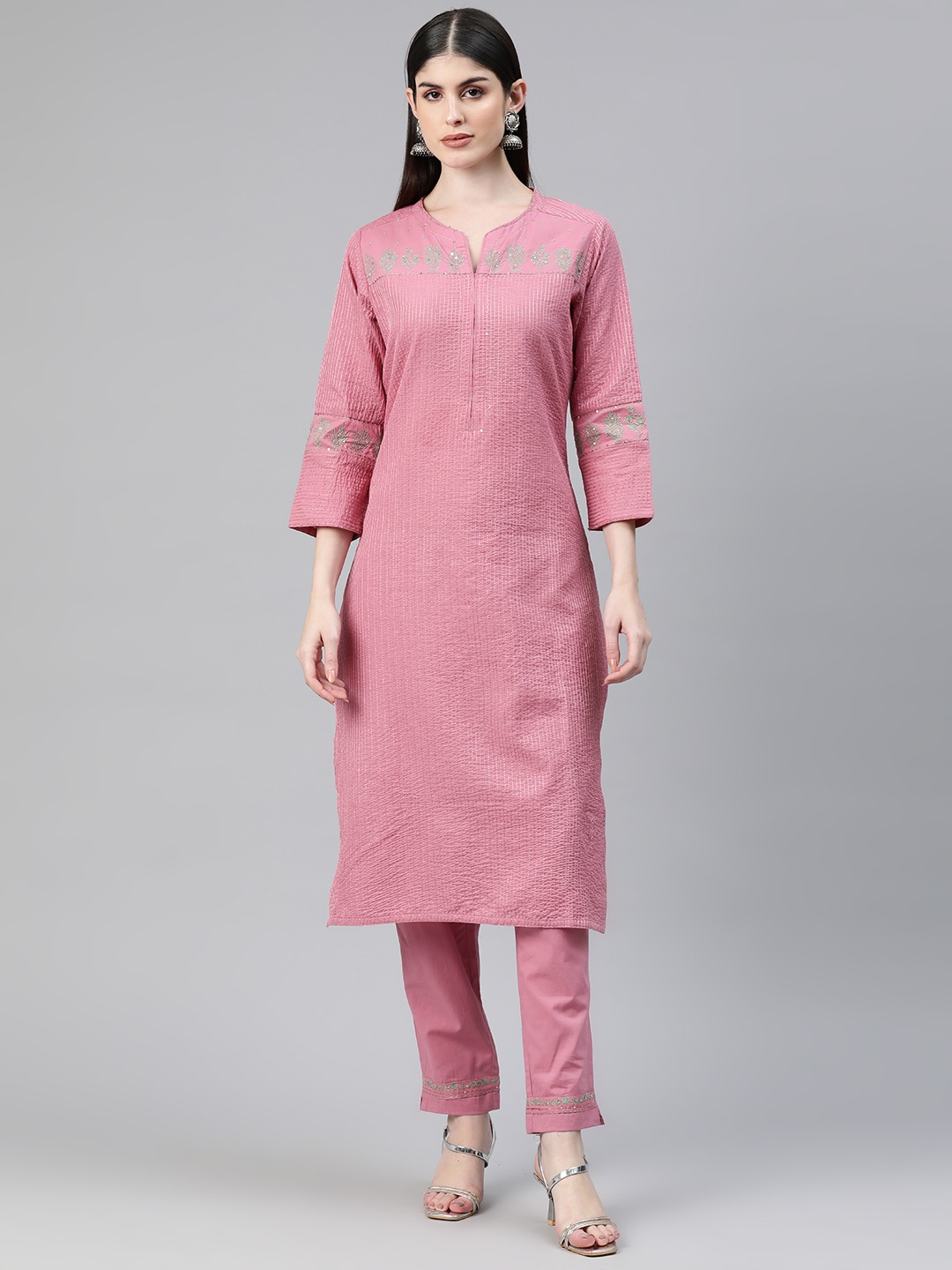

Readiprint Fashions Floral Embroidered Thread Work Pure Cotton Kurta with Trousers, Mauve