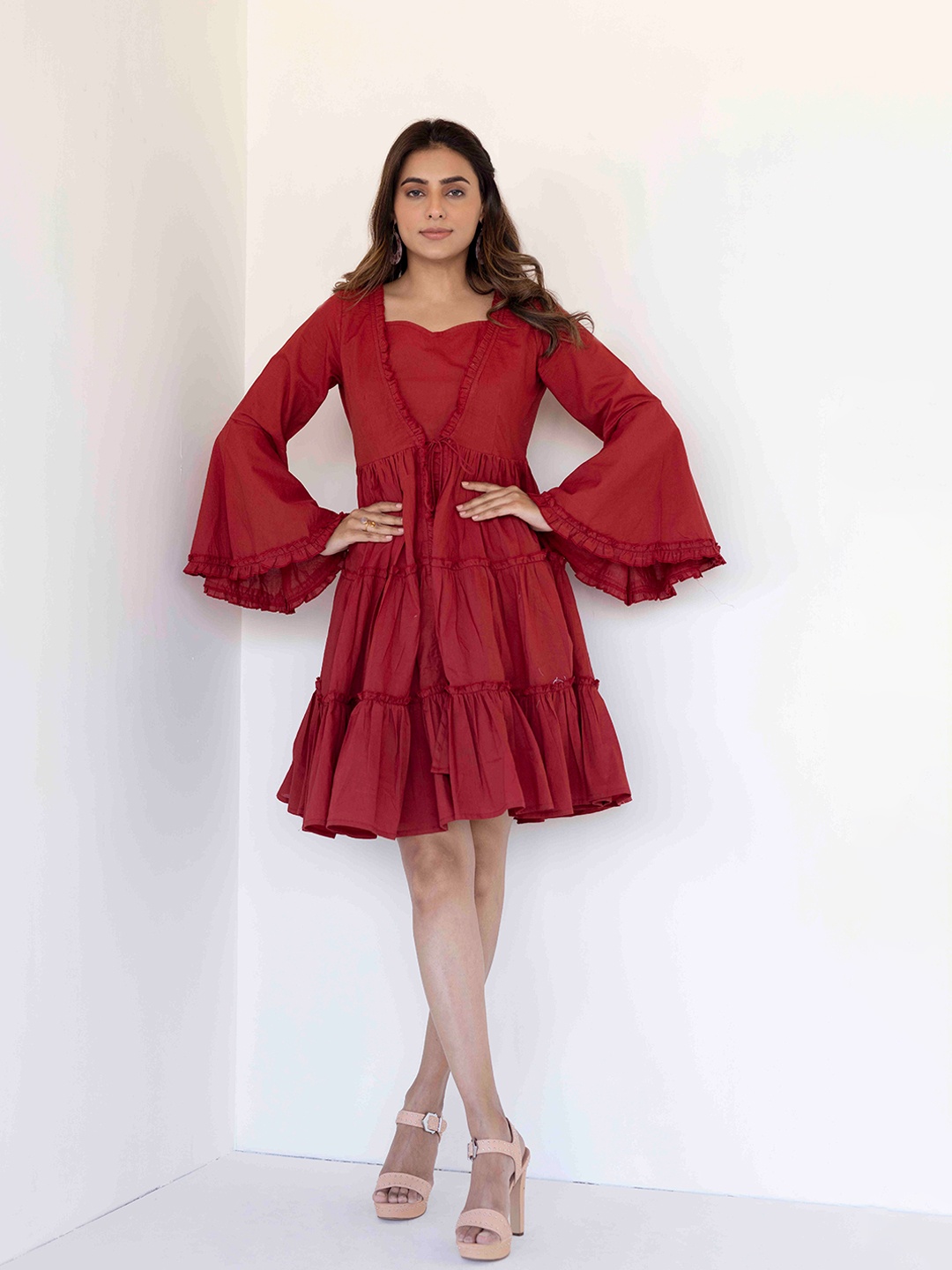 

Ragavi Flared Sleeve Tiered Fit & Flare Cotton Dress, Red