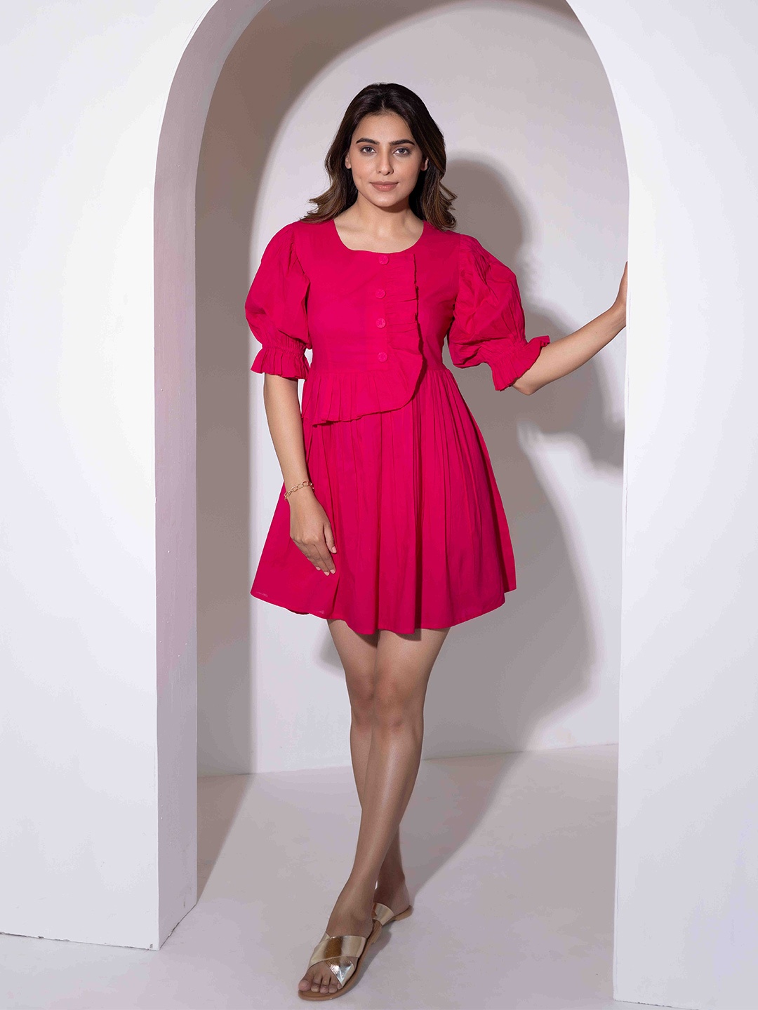 

Ragavi Puff Sleeve Ruffles Fit & Flare Dress, Pink