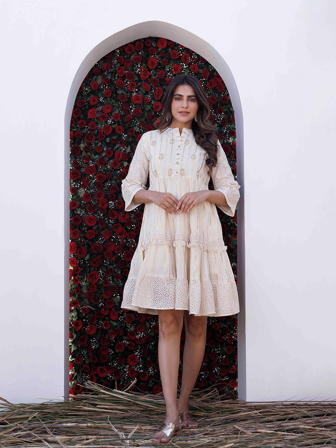 

Ragavi Striped Mandarin Collar Fit & Flare Cotton Schiffli Dress, White