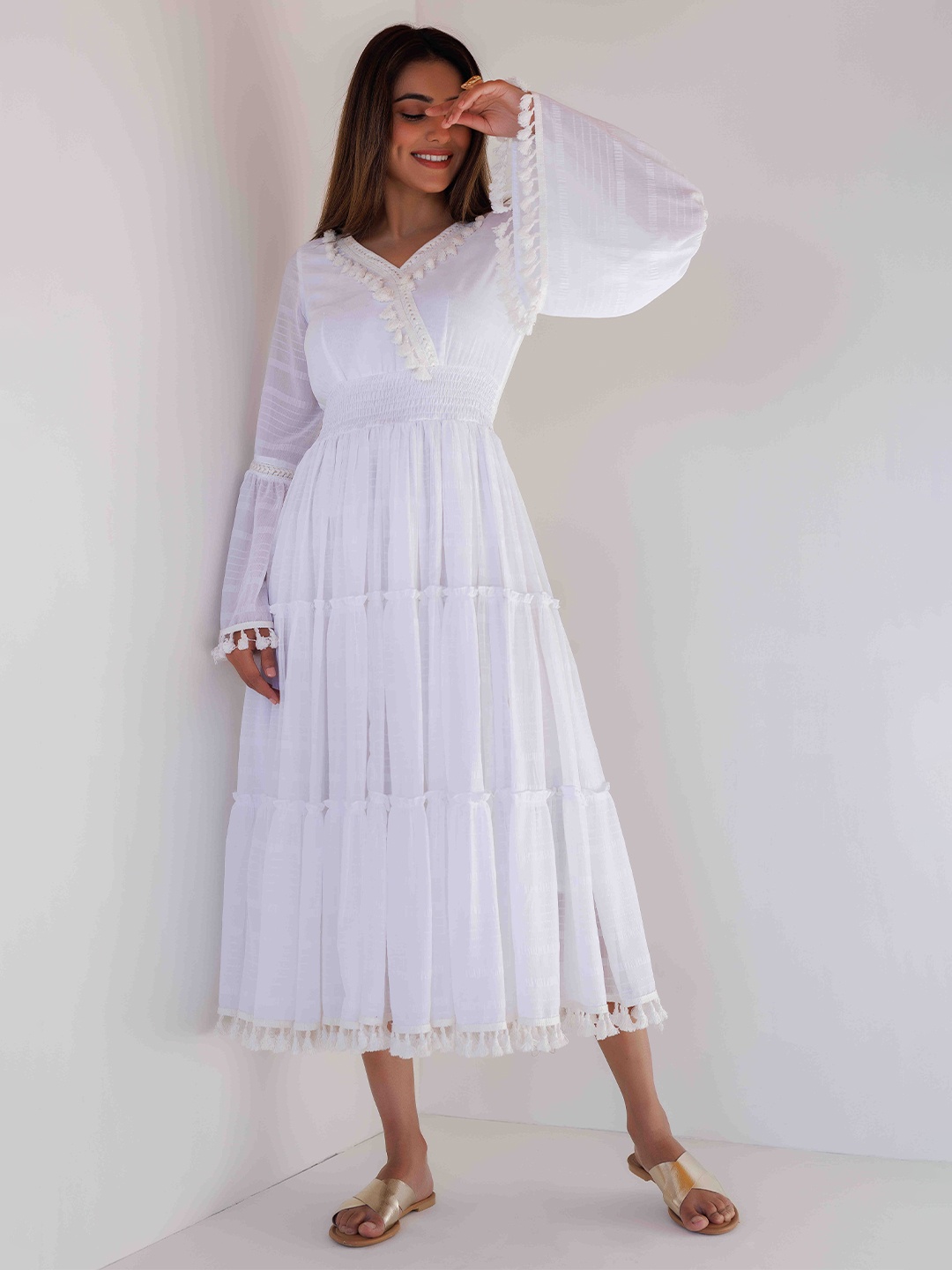 

Ragavi Self Design Bell Sleeves Chiffon Empire Midi Dress, White