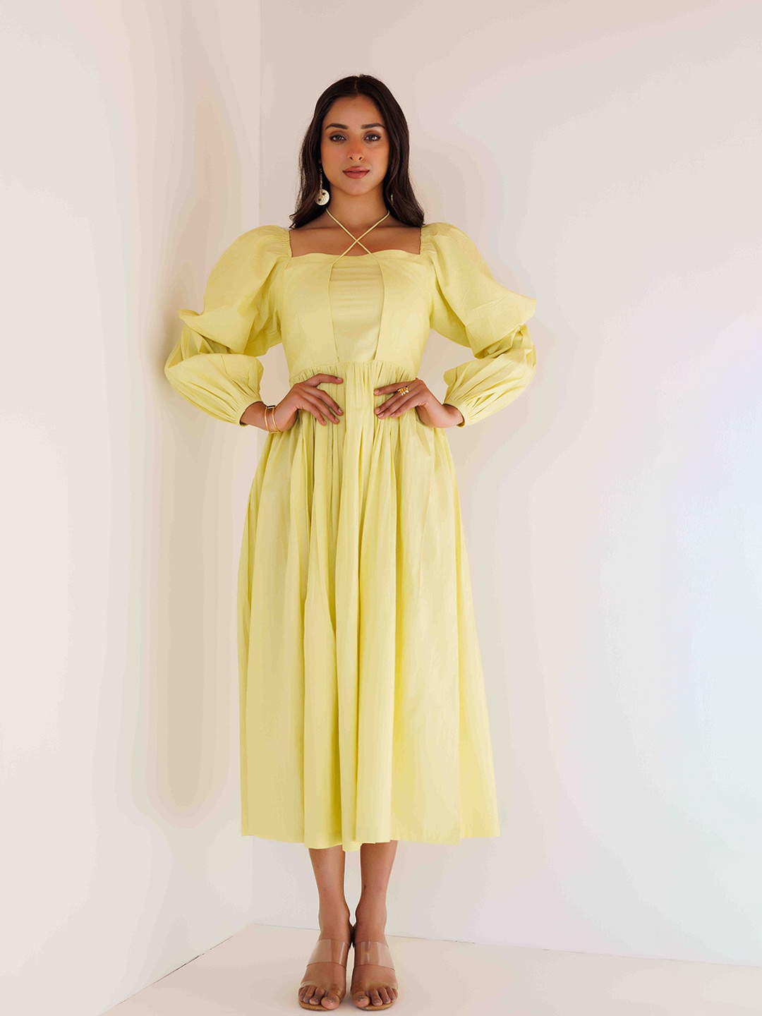 

Ragavi Square Neck Puff Sleeves Fit & Flare Midi Dress, Yellow