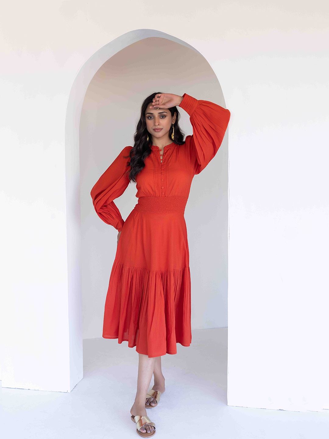 

Ragavi Mandarin Collar Puff Sleeves Fit & Flare Cotton Midi Dress, Orange