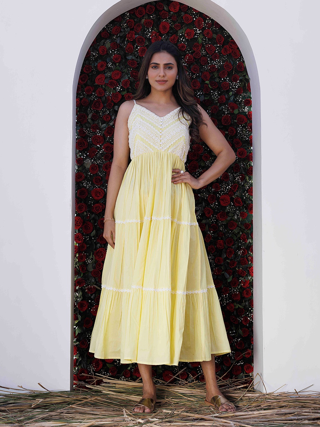 

Ragavi Shoulder Strap Lace-Up Tiered Cotton Fit & Flare Midi Dress, Yellow