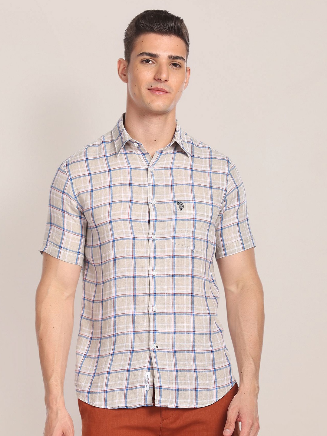 

U.S. Polo Assn. Men Checked Pure Linen Casual Shirt, Beige