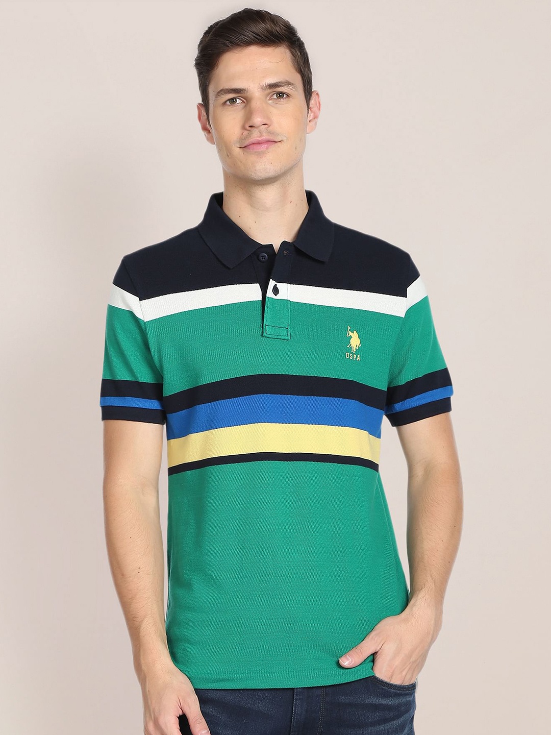 

U.S. Polo Assn. Striped Polo Collar Pure Cotton Applique T-shirt, Green