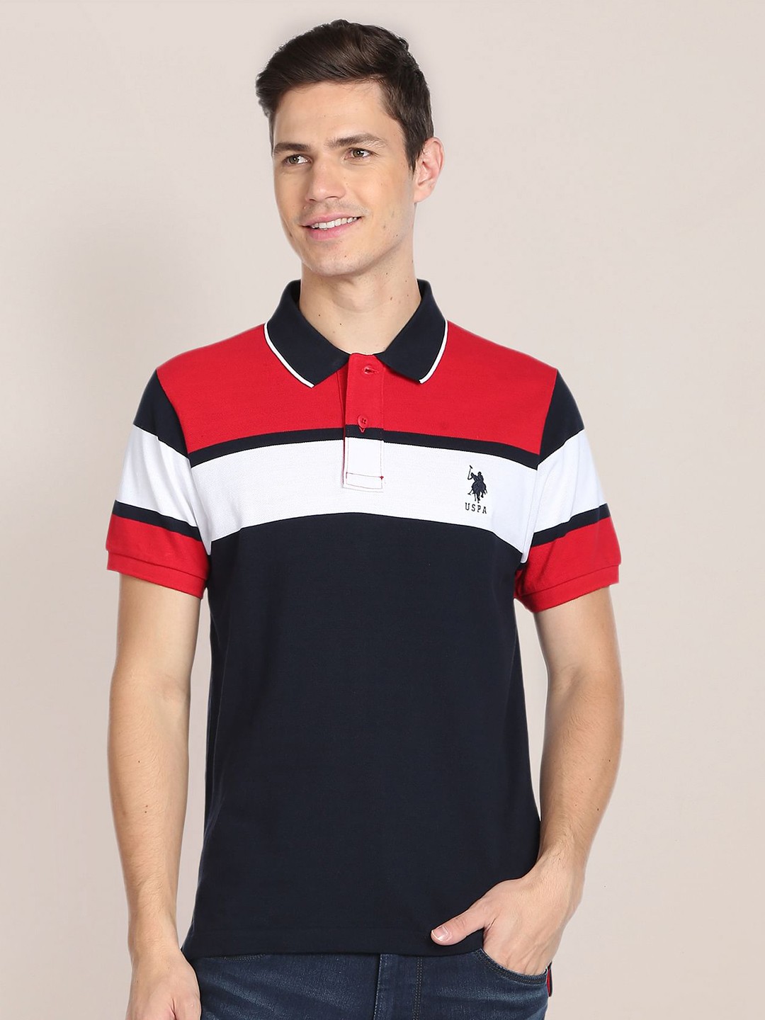 

U.S. Polo Assn. Colourblocked Polo Collar Pure Cotton T-shirt, Navy blue
