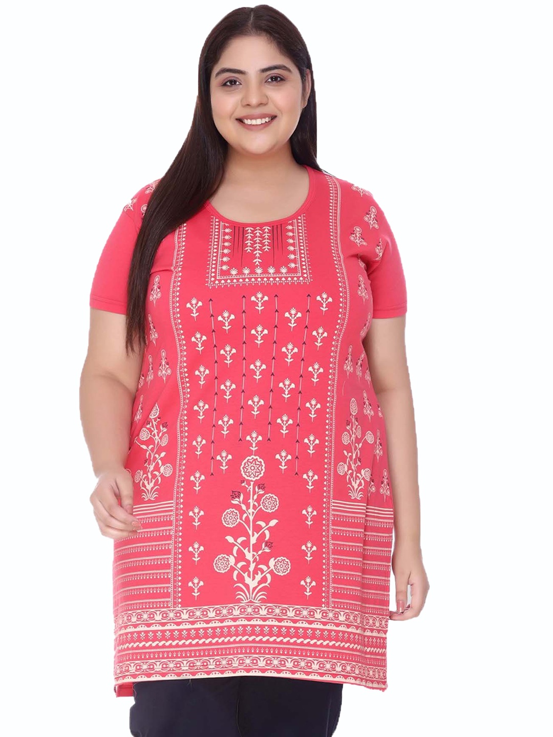 

IN Love Ethnic Printed Longline Cotton Lounge T-Shirts, Pink