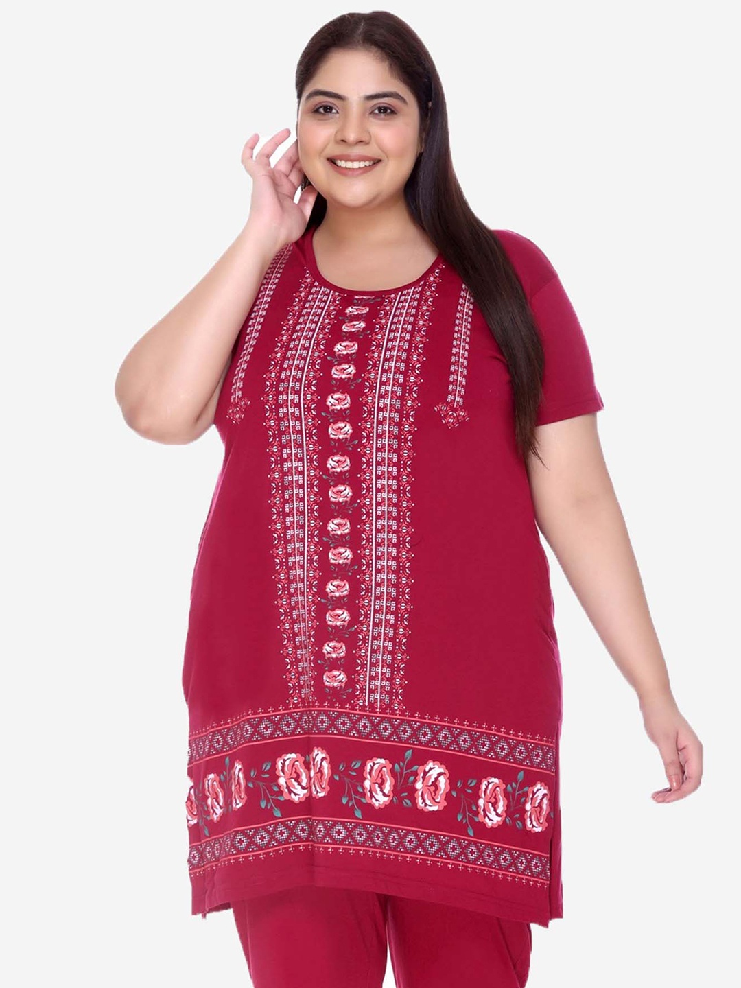 

IN Love Floral Printed Longline Cotton Lounge T-Shirt, Red