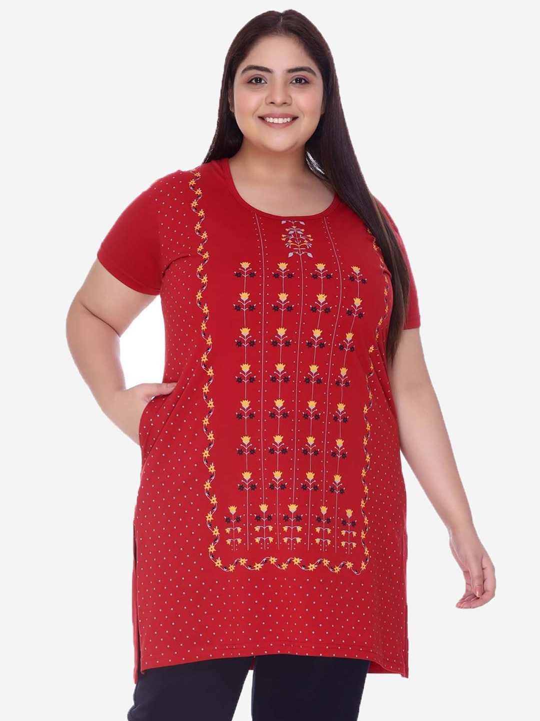 

IN Love Ethnic Printed Longline Cotton Lounge T-Shirts, Red
