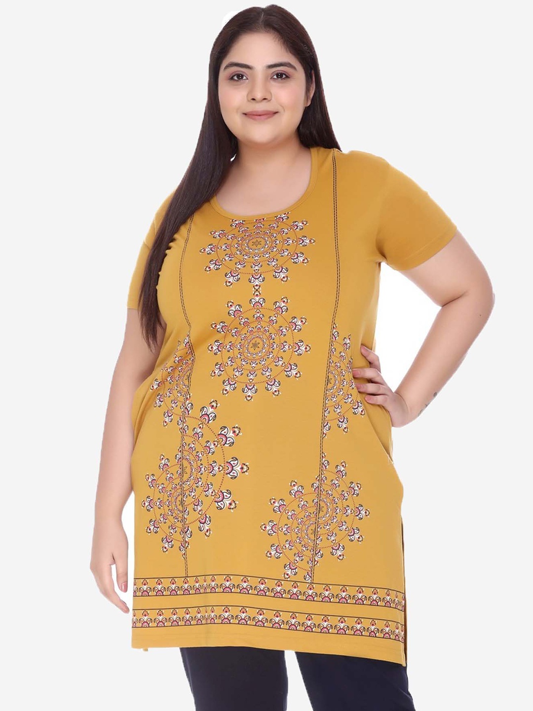 

IN Love Ethnic Motifs Printed Cotton Longline Lounge T-Shirts, Yellow