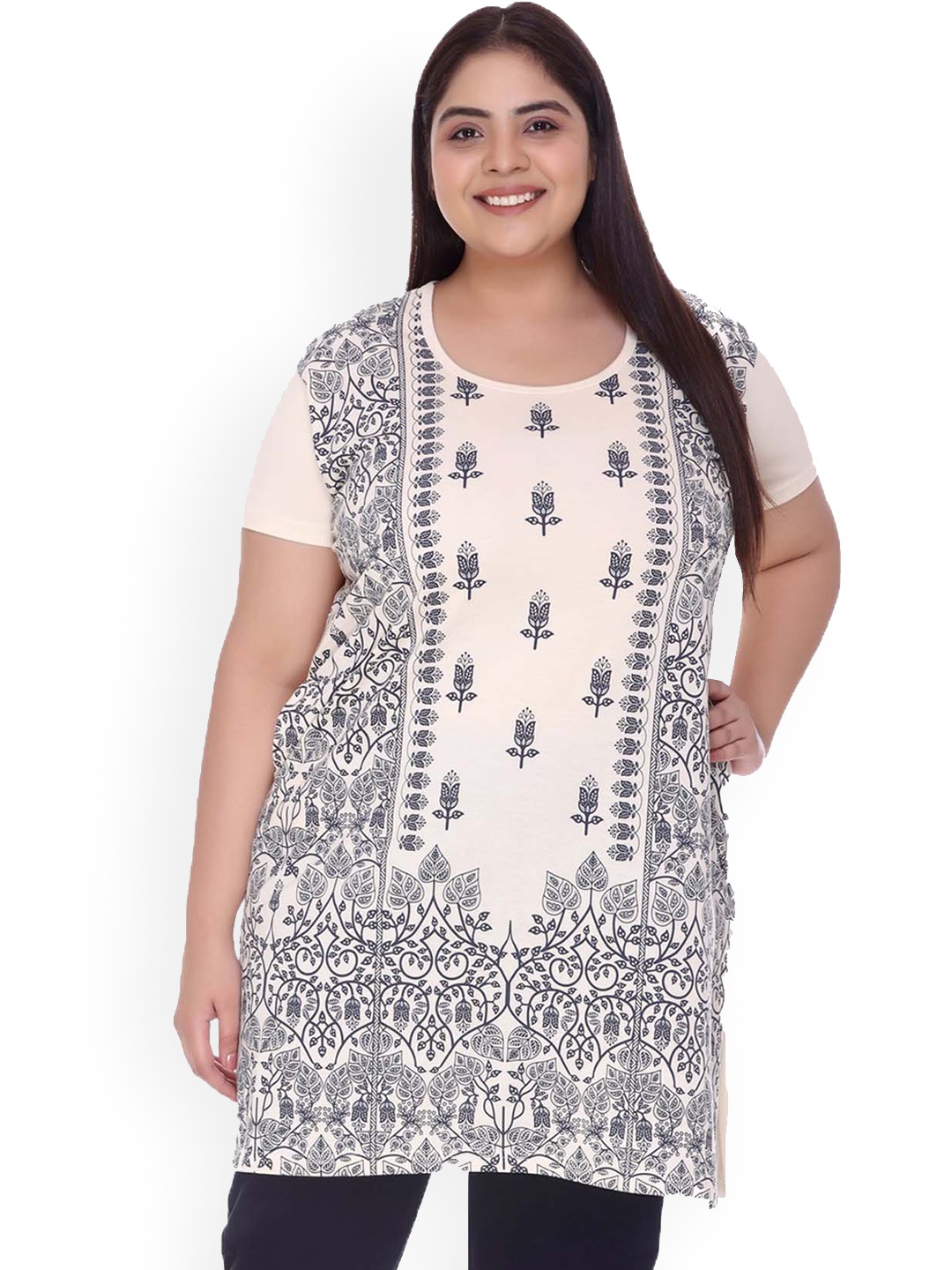 

IN Love Plus Sized Printed Cotton Longline Lounge T-Shirts, Off white