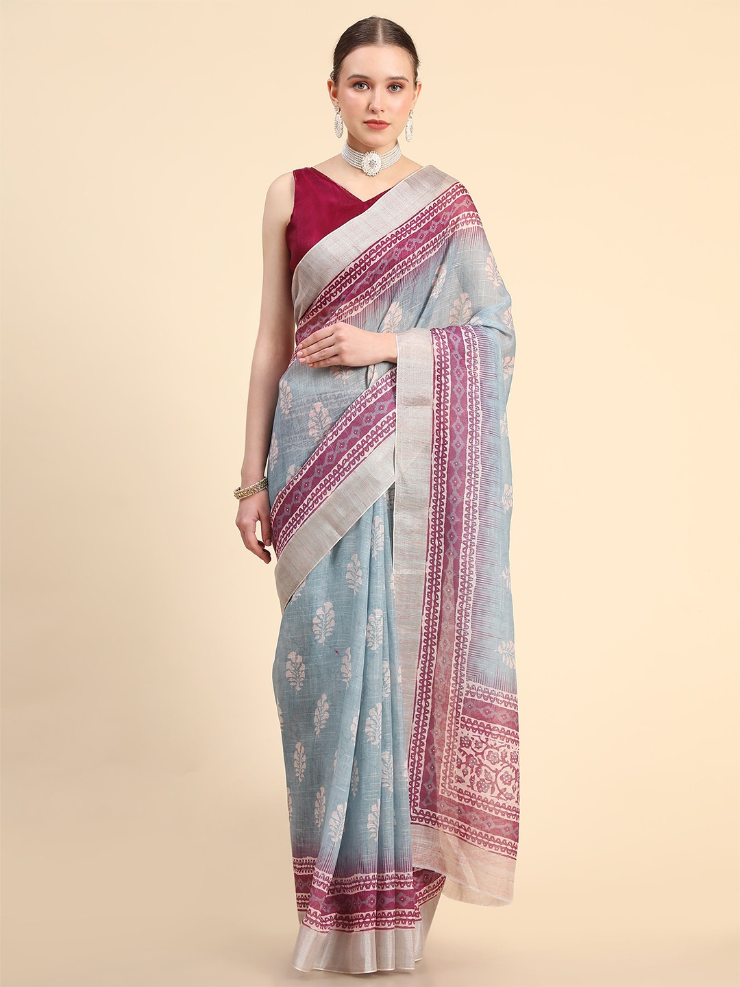 

DIVASTRI Floral Zari Pure Linen Saree With Blouse Piece, Blue