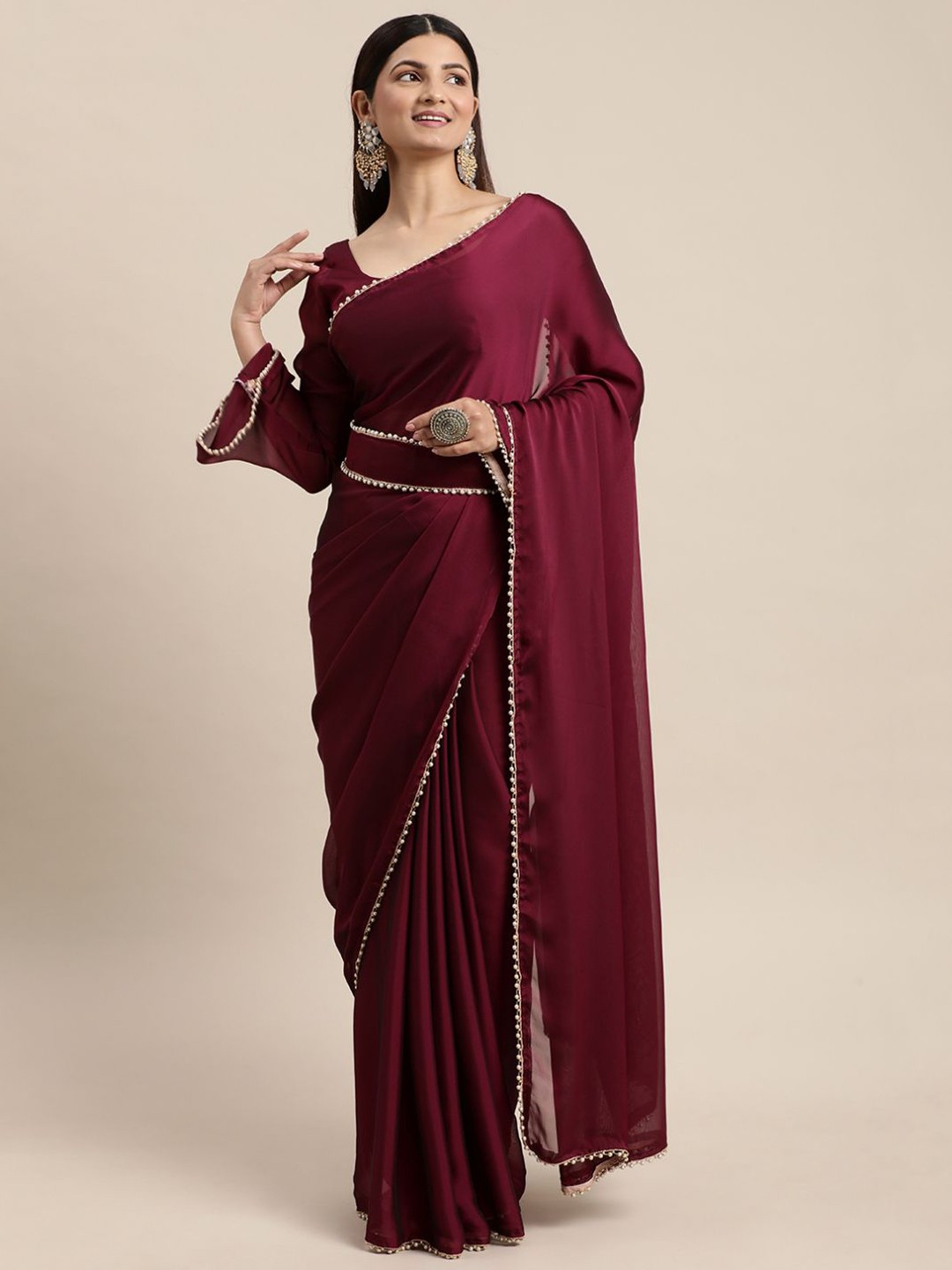 

DIVASTRI Poly Georgette Saree With Beaded Lace Border, Burgundy