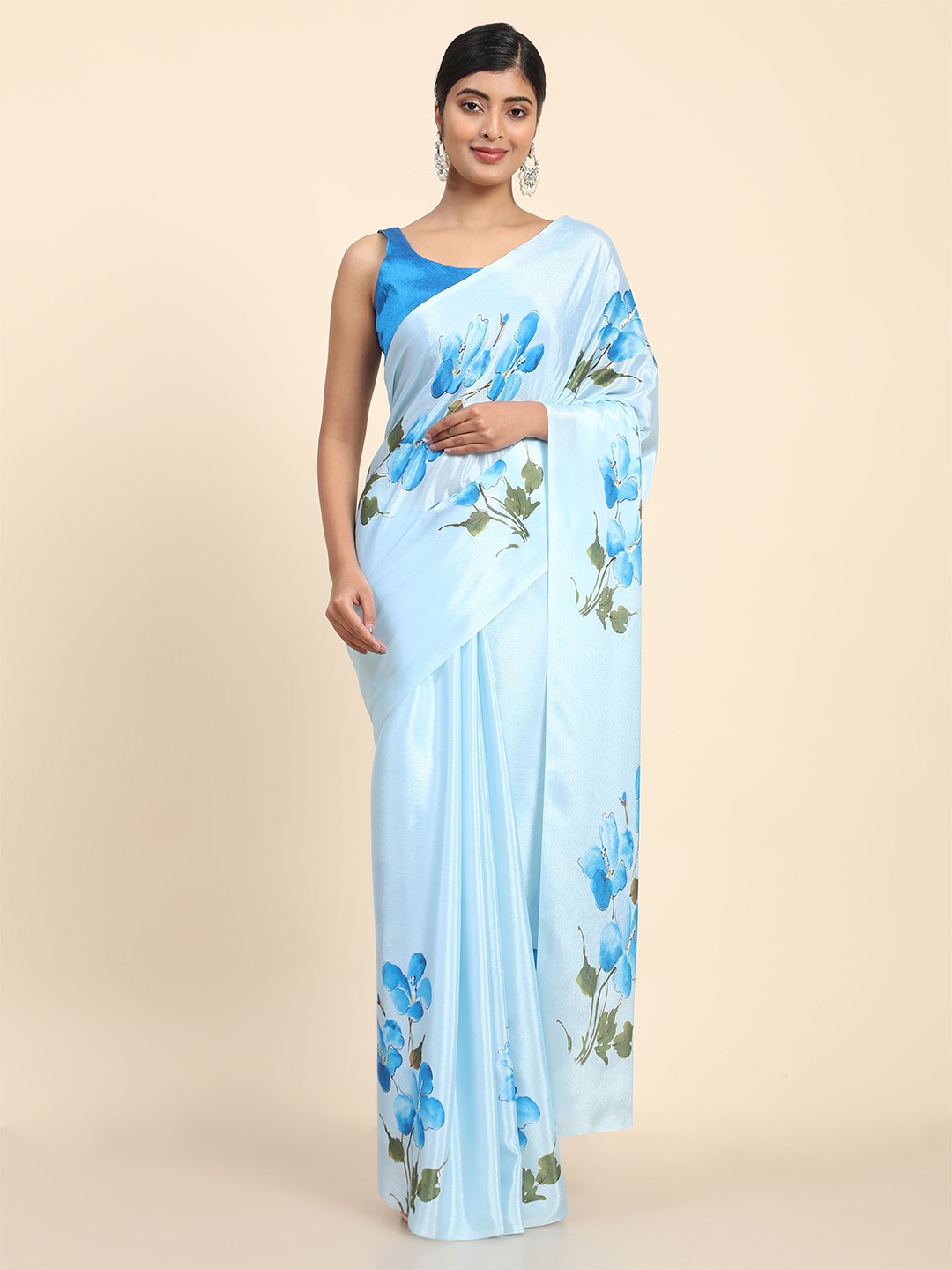 

DIVASTRI Floral Print Poly Chiffon Saree With Blouse Piece, Blue