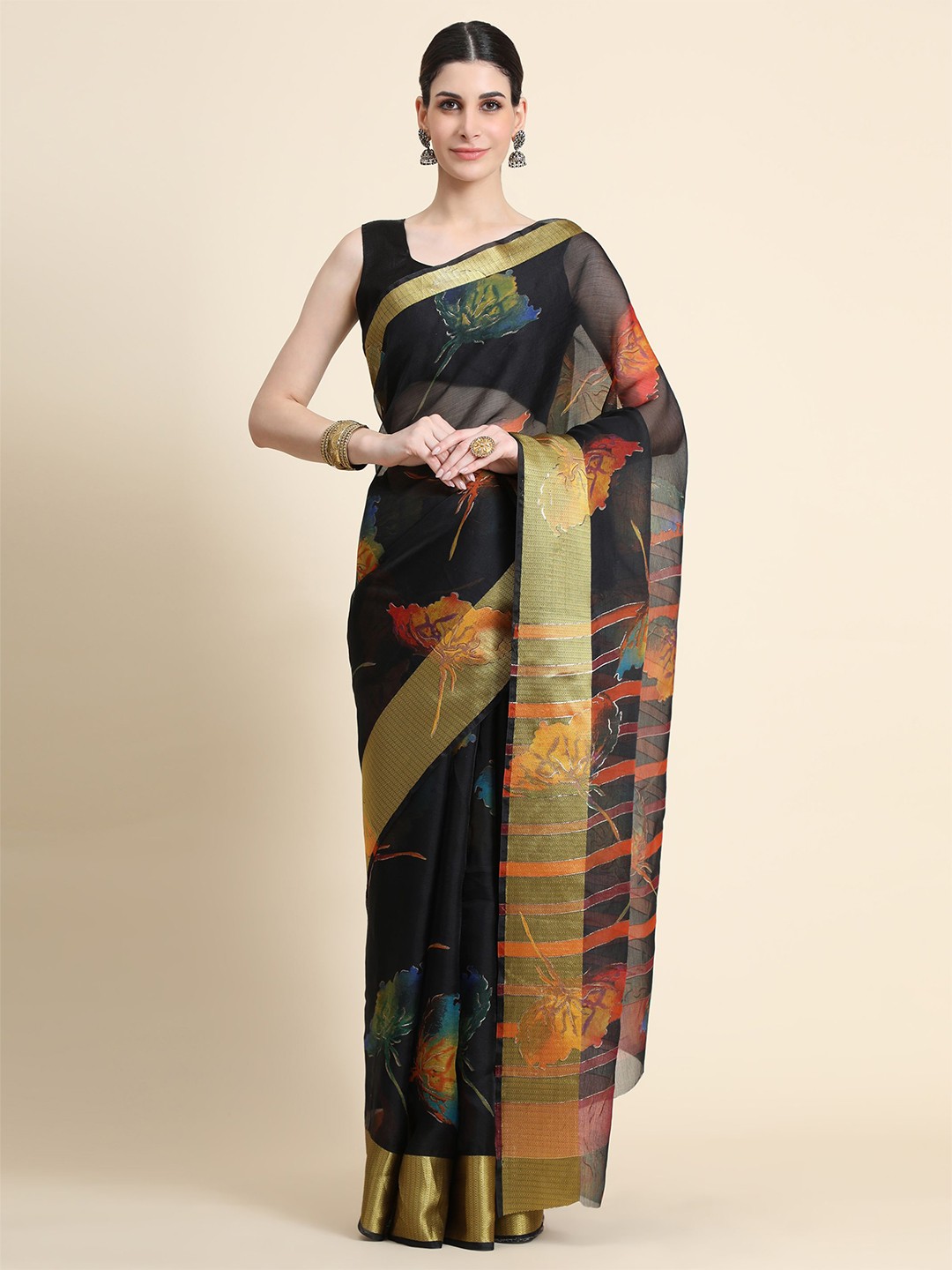 

DIVASTRI Floral Zari Organza Saree With Blouse Piece, Black