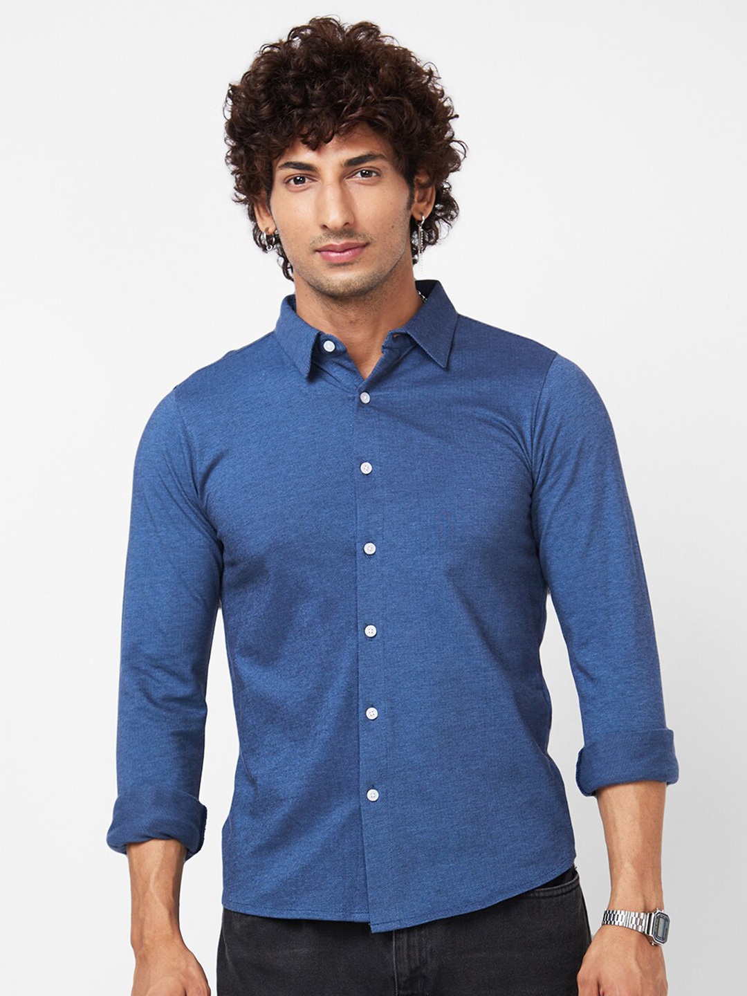 

VASTRADO Spread Collar Knitted Cotton Shirt, Blue