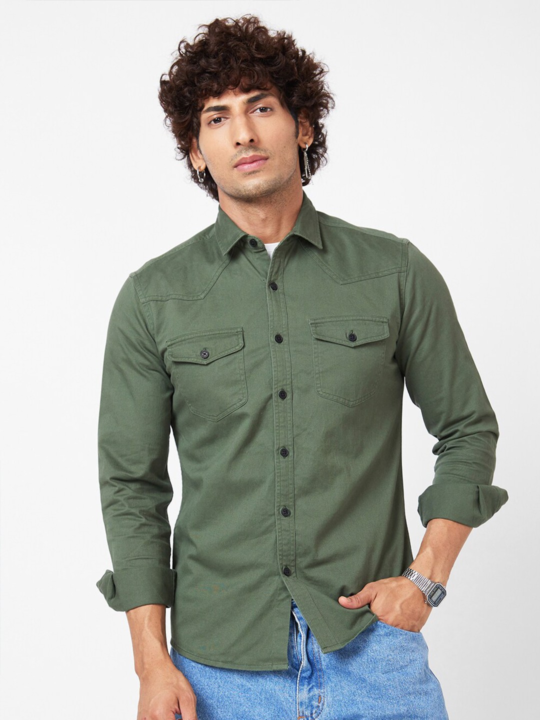

VASTRADO Spread Collar Cotton Casual Shirt, Olive