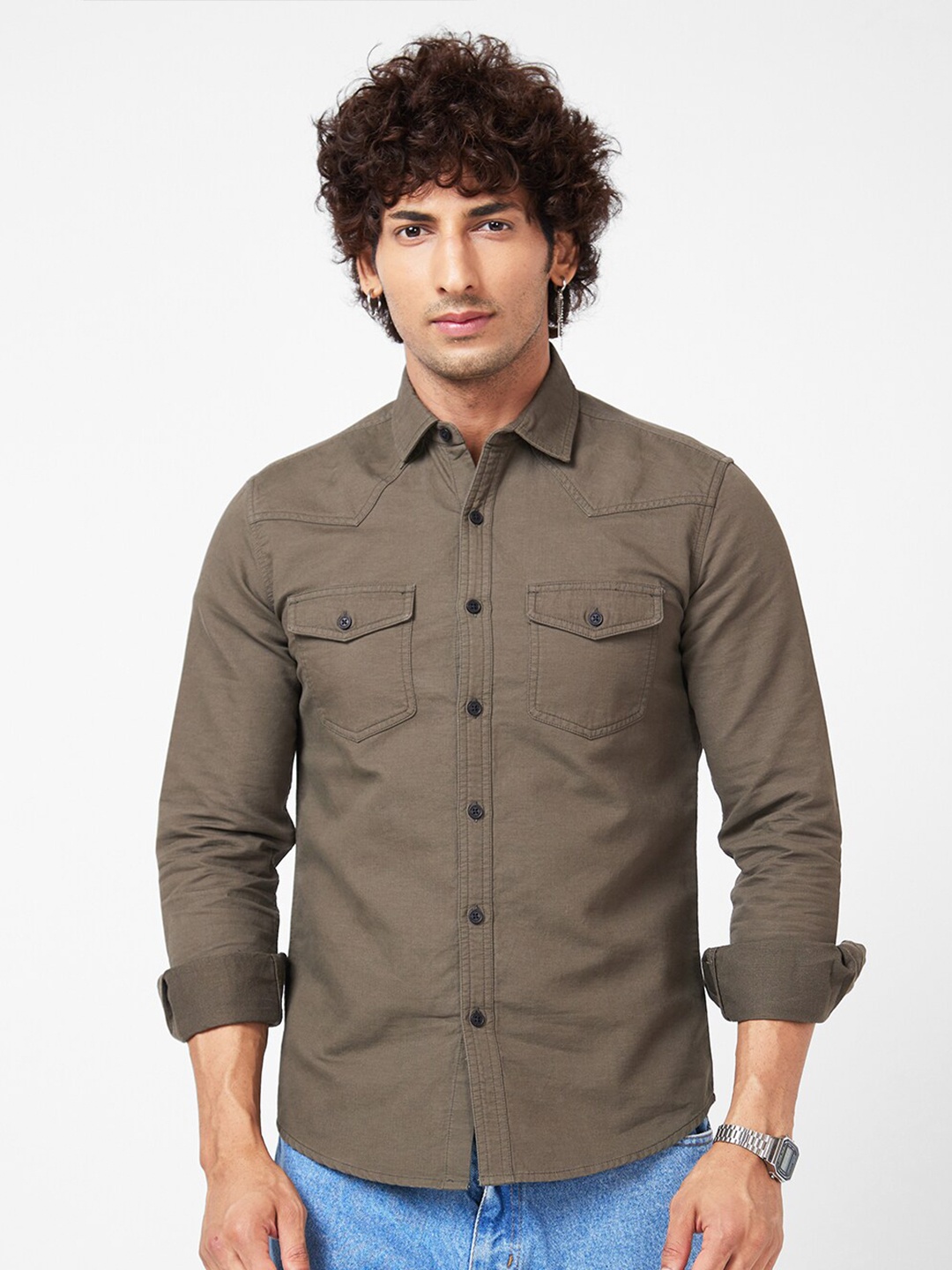 

VASTRADO Spread Collar Cotton Casual Shirt, Olive