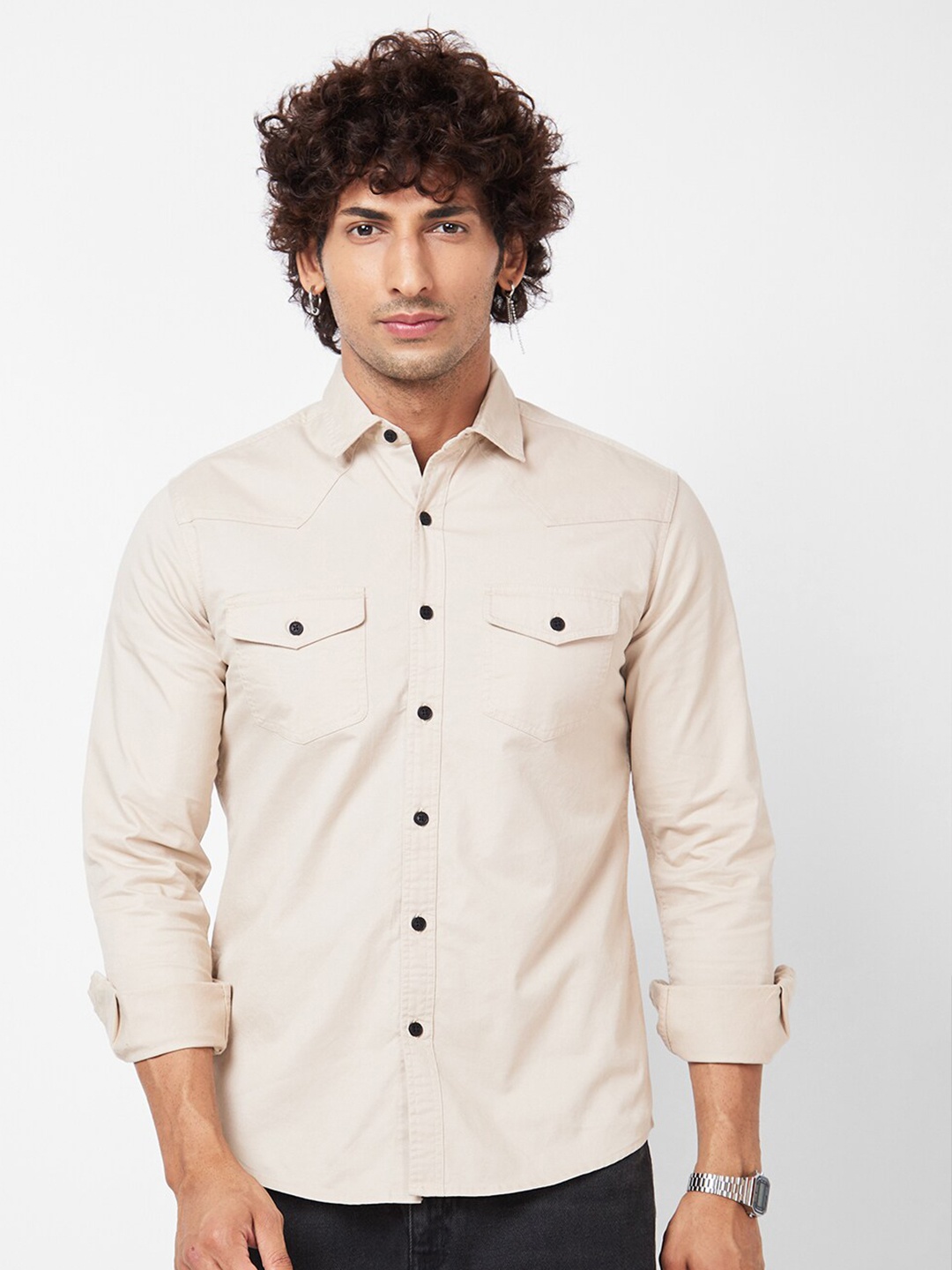 

VASTRADO Spread Collar Cotton Casual Shirt, Beige