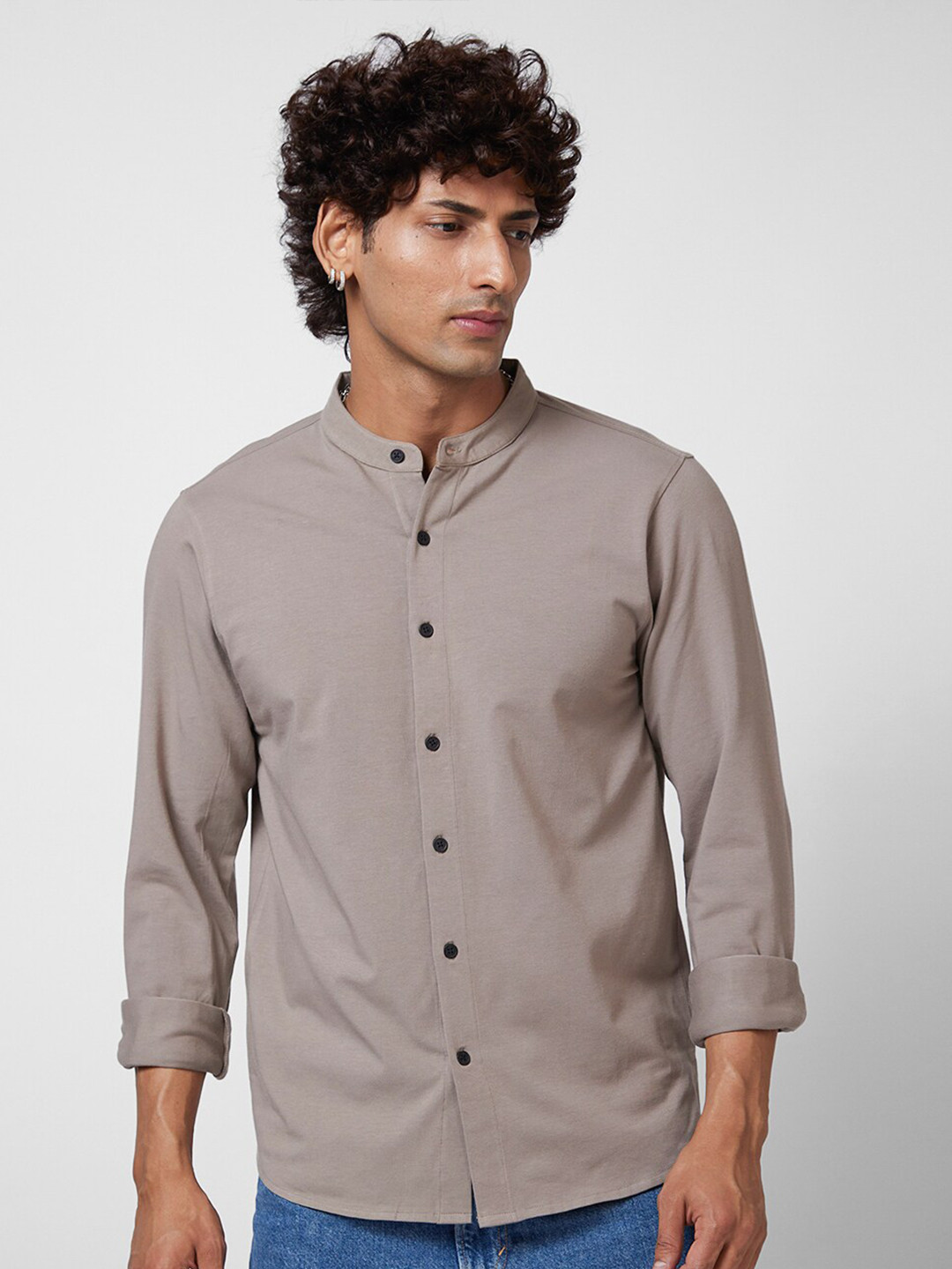 

VASTRADO Band Collar Knitted Cotton Shirt, Taupe