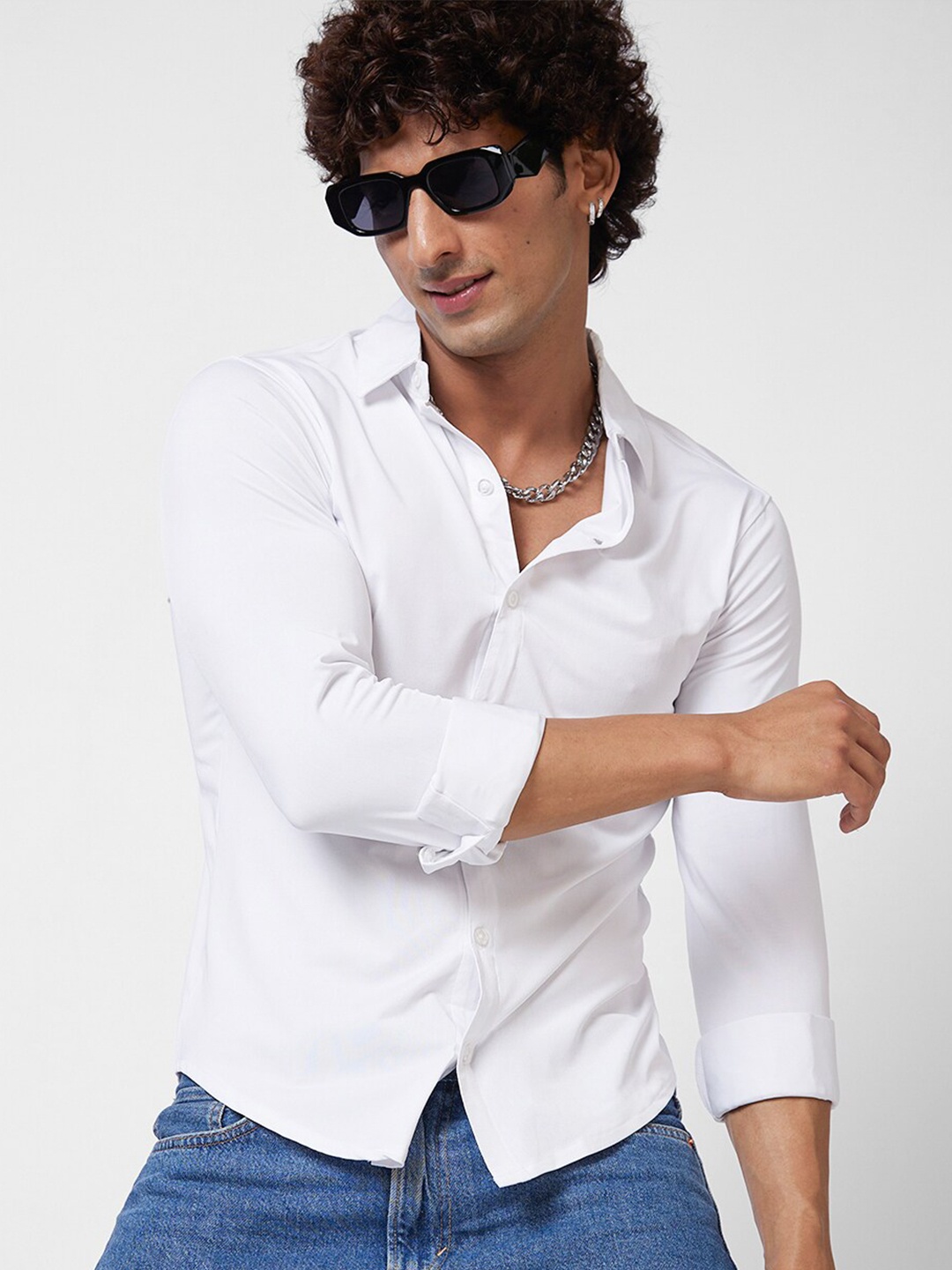 

VASTRADO Spread Collar Knitted Cotton Casual Shirt, White