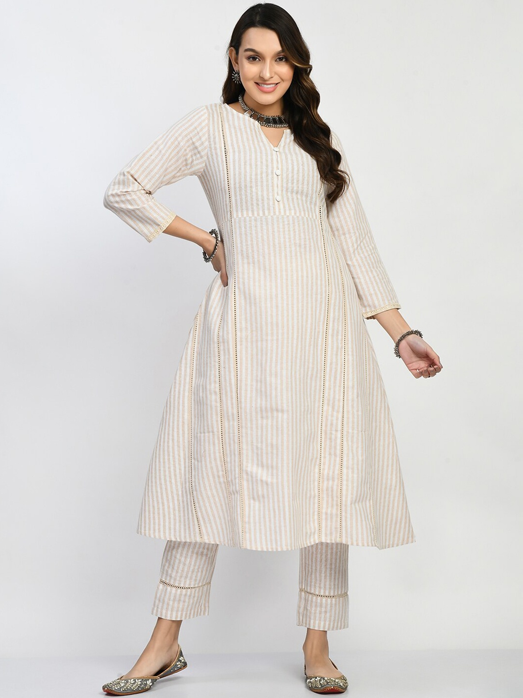 

MAFE Striped Gotta Patti Pure Cotton Kurta With Trousers, White