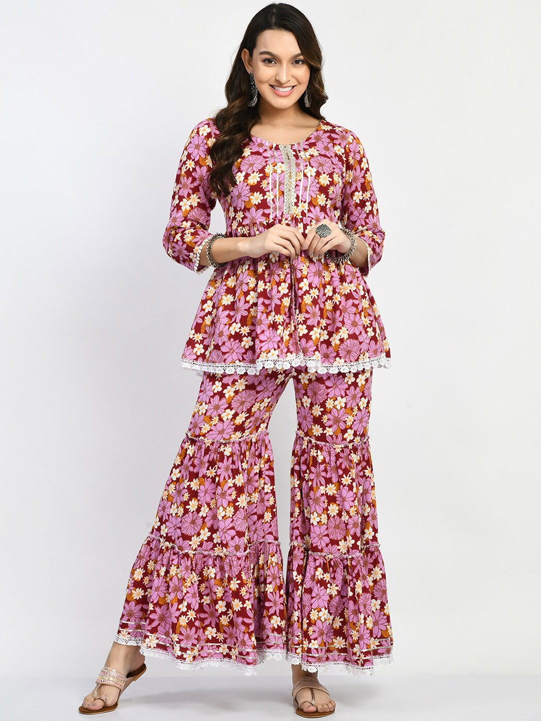 

MAFE Floral Printed Gotta Patti Kurta With Sharara & Dupatta, Purple