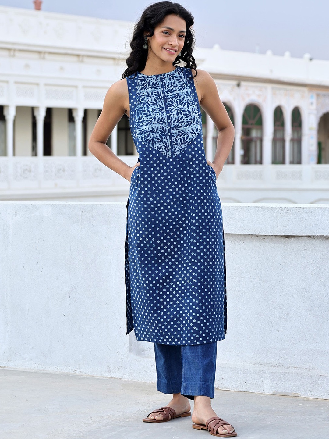 

OKHAI Geometric Printed Block Print Pure Cotton Straight Kurta, Blue