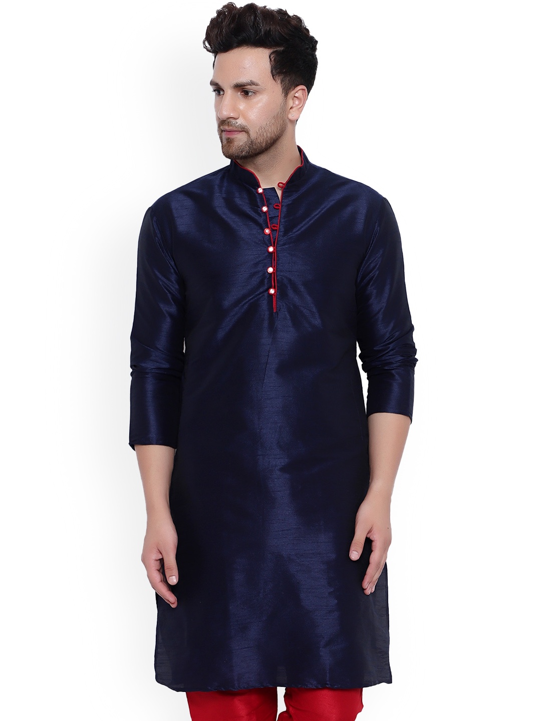 

ONNIX Mandarin Collar Dupion Silk Kurta, Navy blue