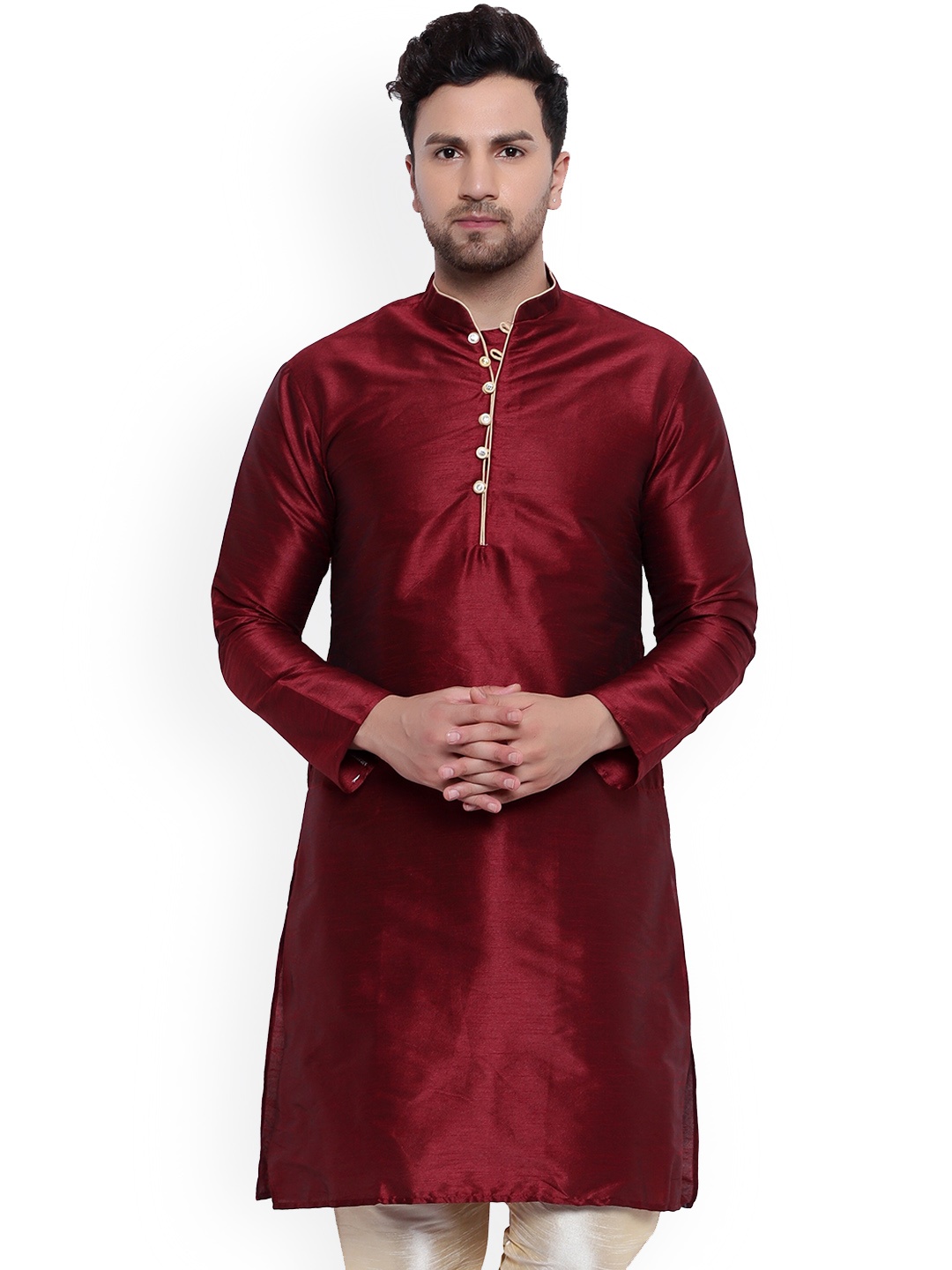 

ONNIX Mandarin Collar Straight Dupion Silk Kurta, Maroon