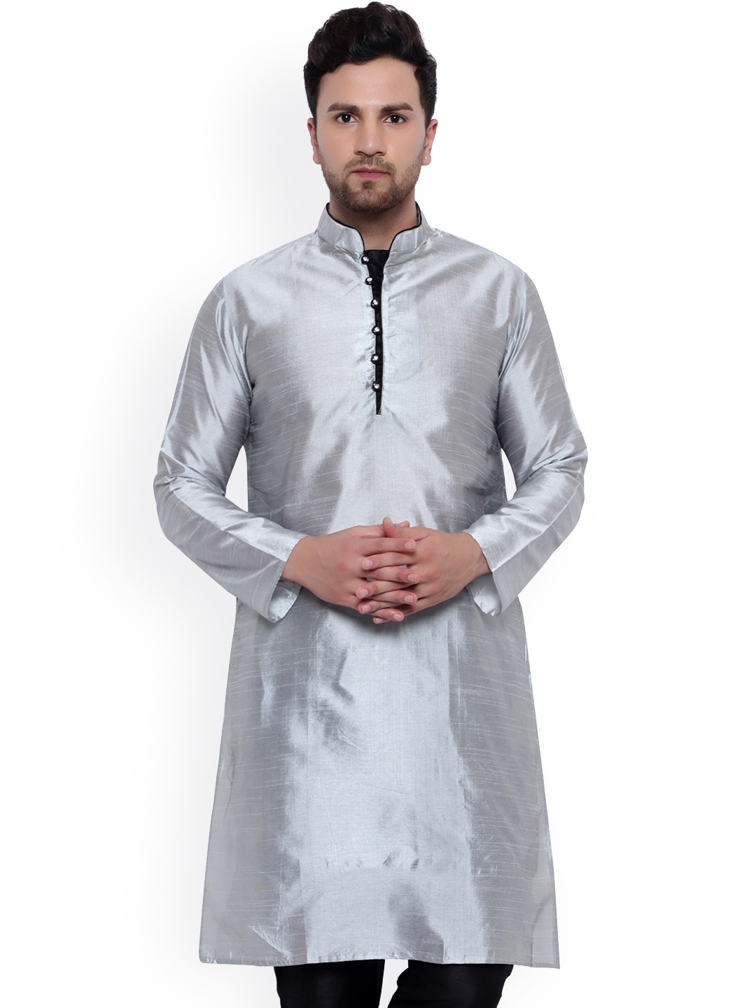 

ONNIX Mandarin Collar Dupion Silk Kurta, Silver