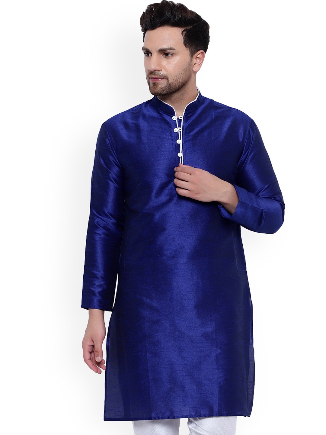 

ONNIX Mandarin Collar Straight Dupion Silk Kurta, Blue