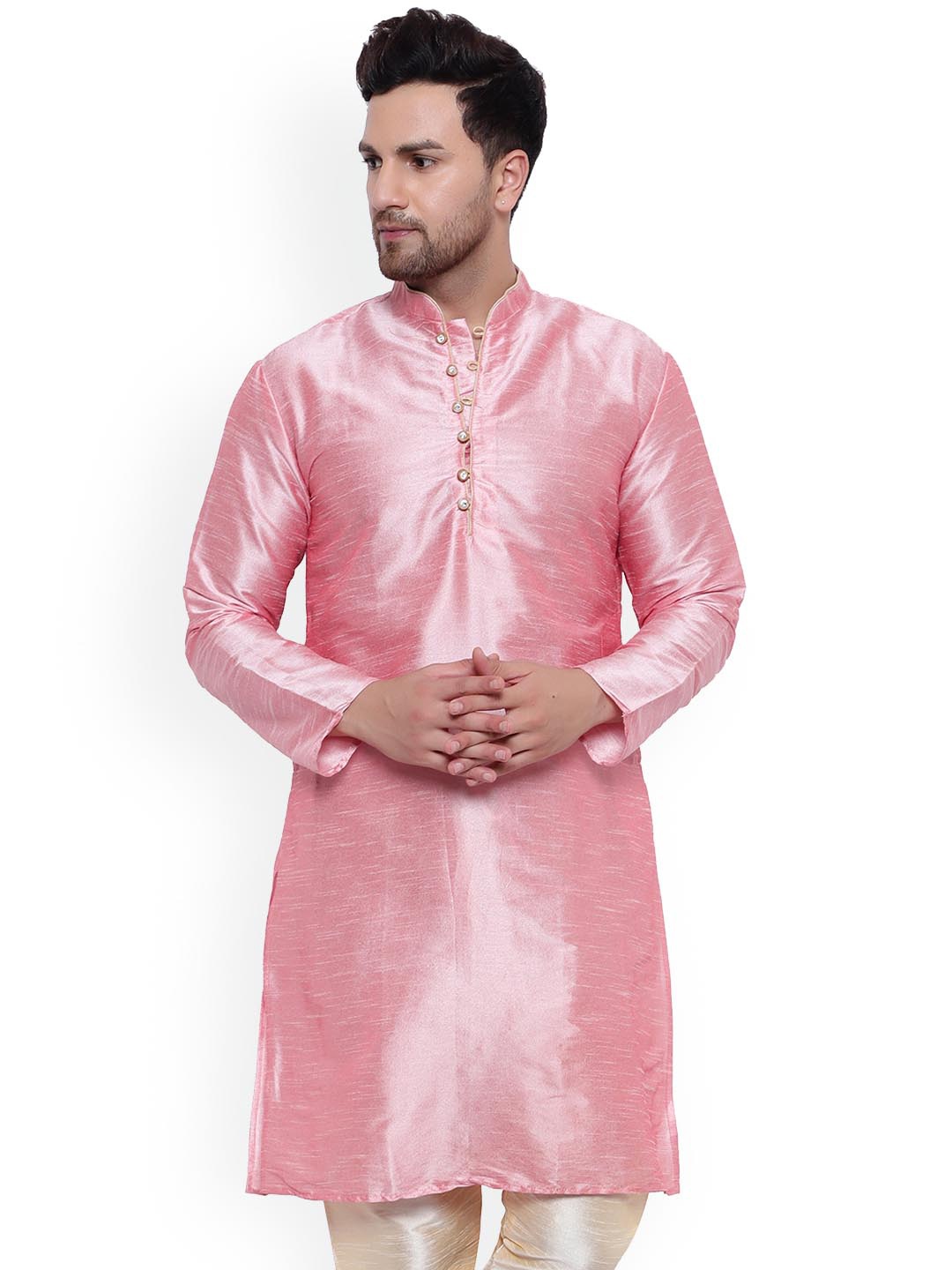 

ONNIX Mandarin Collar Straight Dupion Silk Kurta, Pink