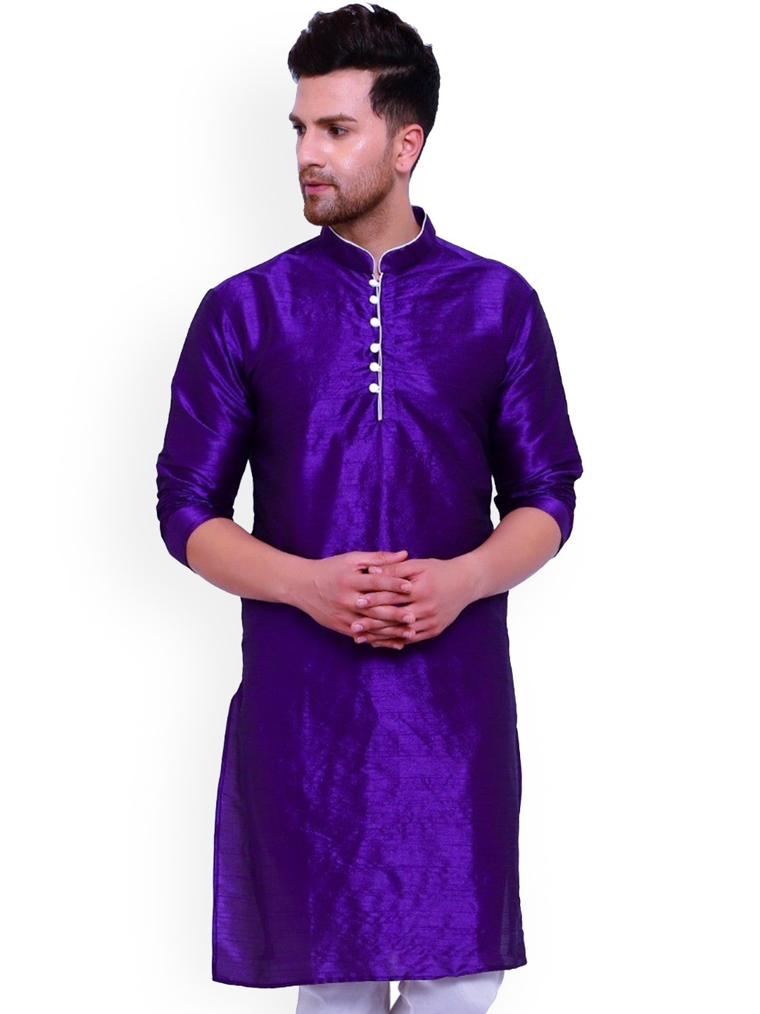 

ONNIX Mandarin Collar Dupion Silk Kurta, Purple