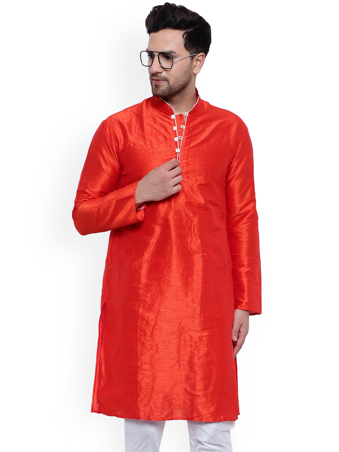 

ONNIX Mandarin Collar Dupion Silk Kurta, Orange