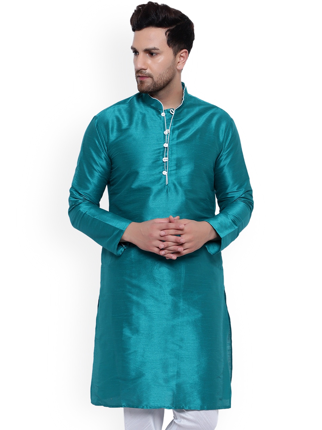 

ONNIX Mandarin Collar Dupion Silk Kurta, Blue