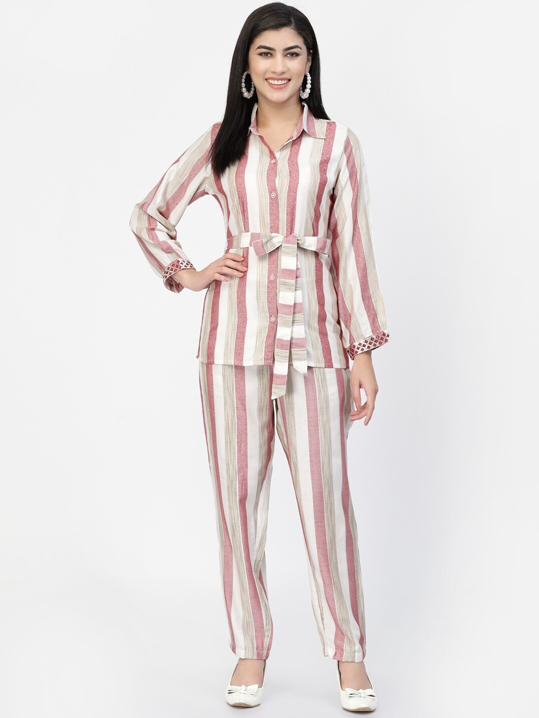 

YELLOW CLOUD Striped Shirt Collar Top with Trousers, Peach