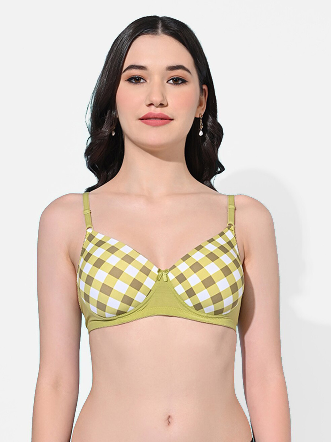 

FIMS Checked Cotton Lycra Lightly Padded All Day Comfort Seamless Super Support Bra, Green