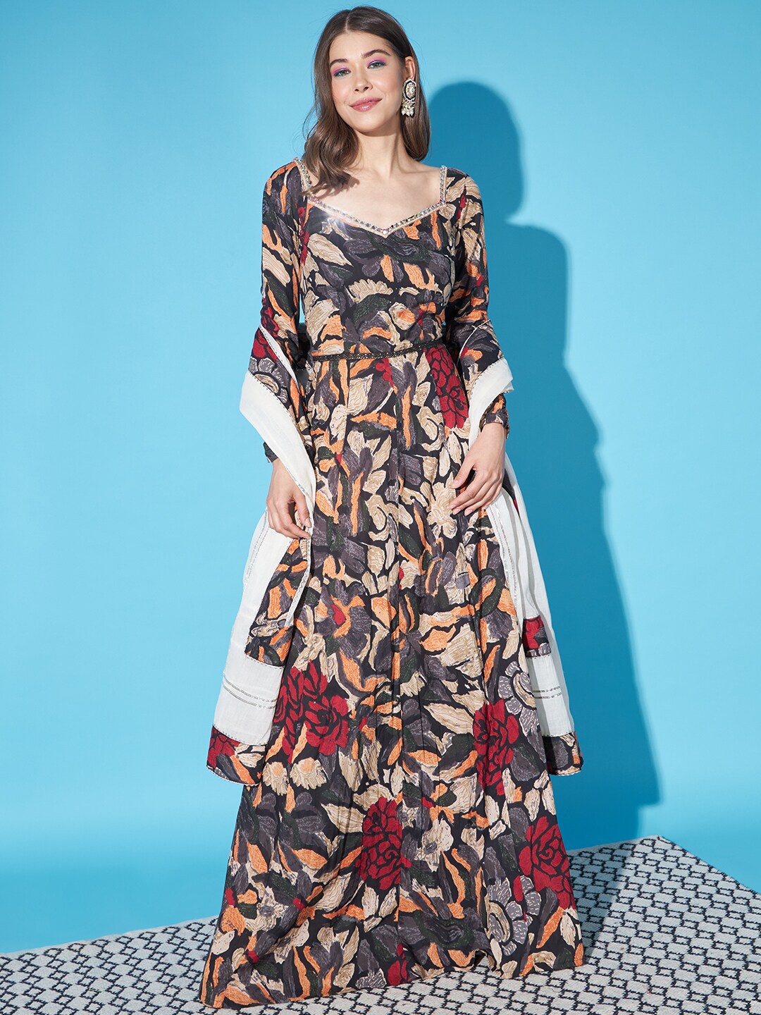 

Cation Abstract Printed Sequinned Cotton Maxi Ethnic Dress With Dupatta, Grey