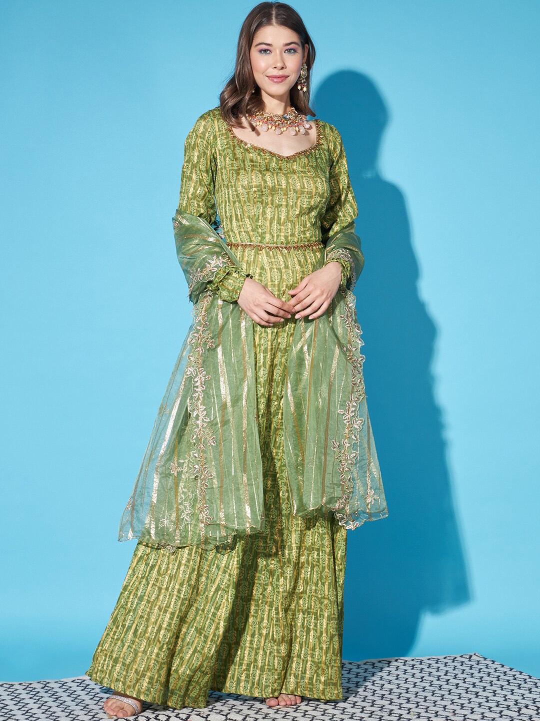 

Cation Green & Gold-Toned Ethnic Motifs Printed Cotton Gown Ethnic Dress With Dupatta