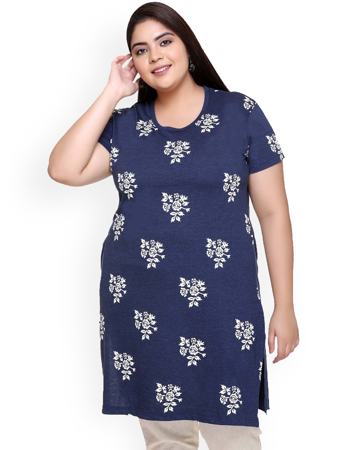 

IN Love Floral Printed Longline Cotton Lounge T-Shirt, Blue